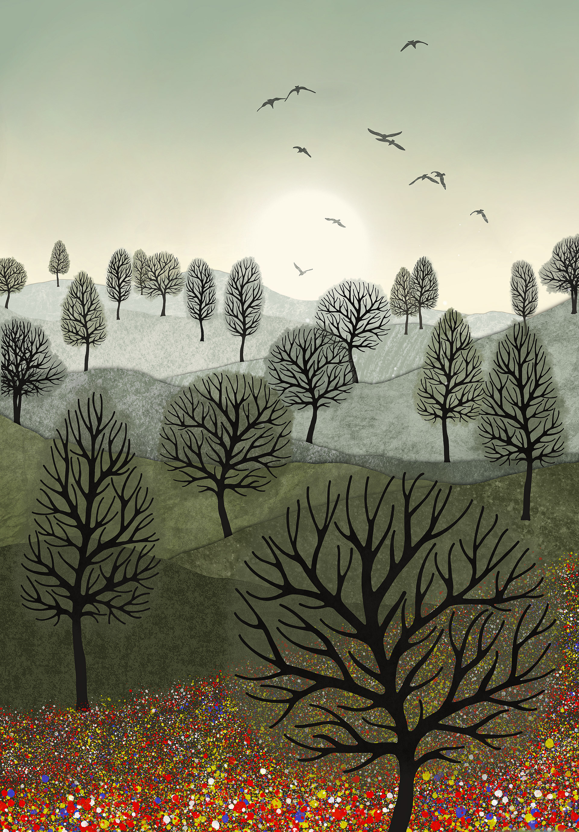 A Splash of Colour created by Robbie William for WalkinHISlight,, artwork depicting a landscape dotted with various trees with the sun shining in the background, with a field of flowers in the forground and birds flying. Reductive in nature. Shades of white, grey's, greens through to black.. Available as a canvas print and paper print framed or unframed in various sizes. Contemporary/modern in style..