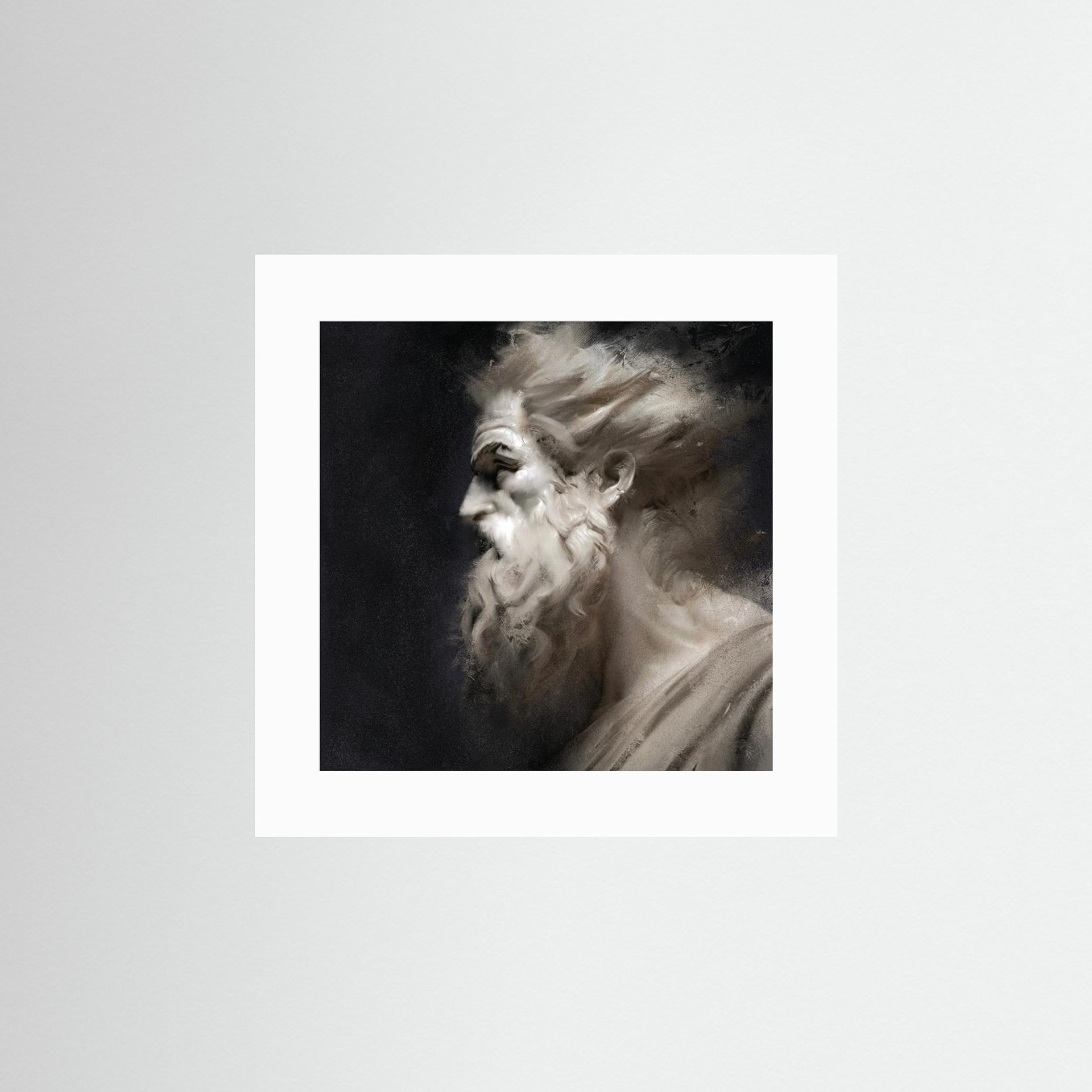 Artwork depicting the head and shoulders, side view, of a bearded man. Historical in nature. Shades of white, ivory to black. Available as a canvas print and paper print framed or unframed in various sizes. Contemporary/modern in style.