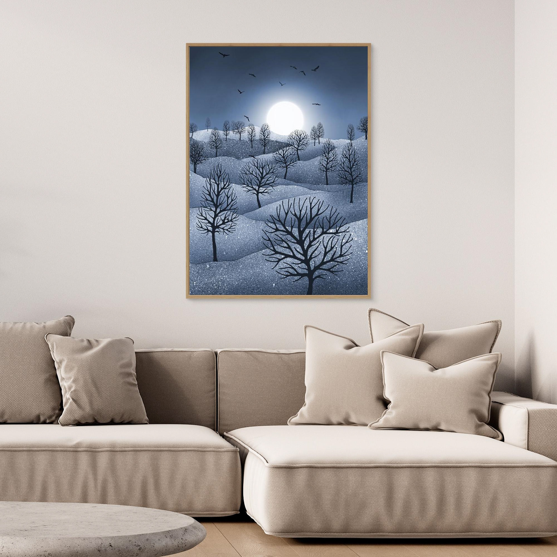 Winter Sparkles,'Blue' artwork created by Robbie William for WalkinHISlight, depicting a landscape dotted with various trees with the sun shining in the background and birds flying. Reductive in nature. Shades of white, blue through to black.. Available as a canvas print and paper print framed or unframed in various sizes. Contemporary/modern in style..