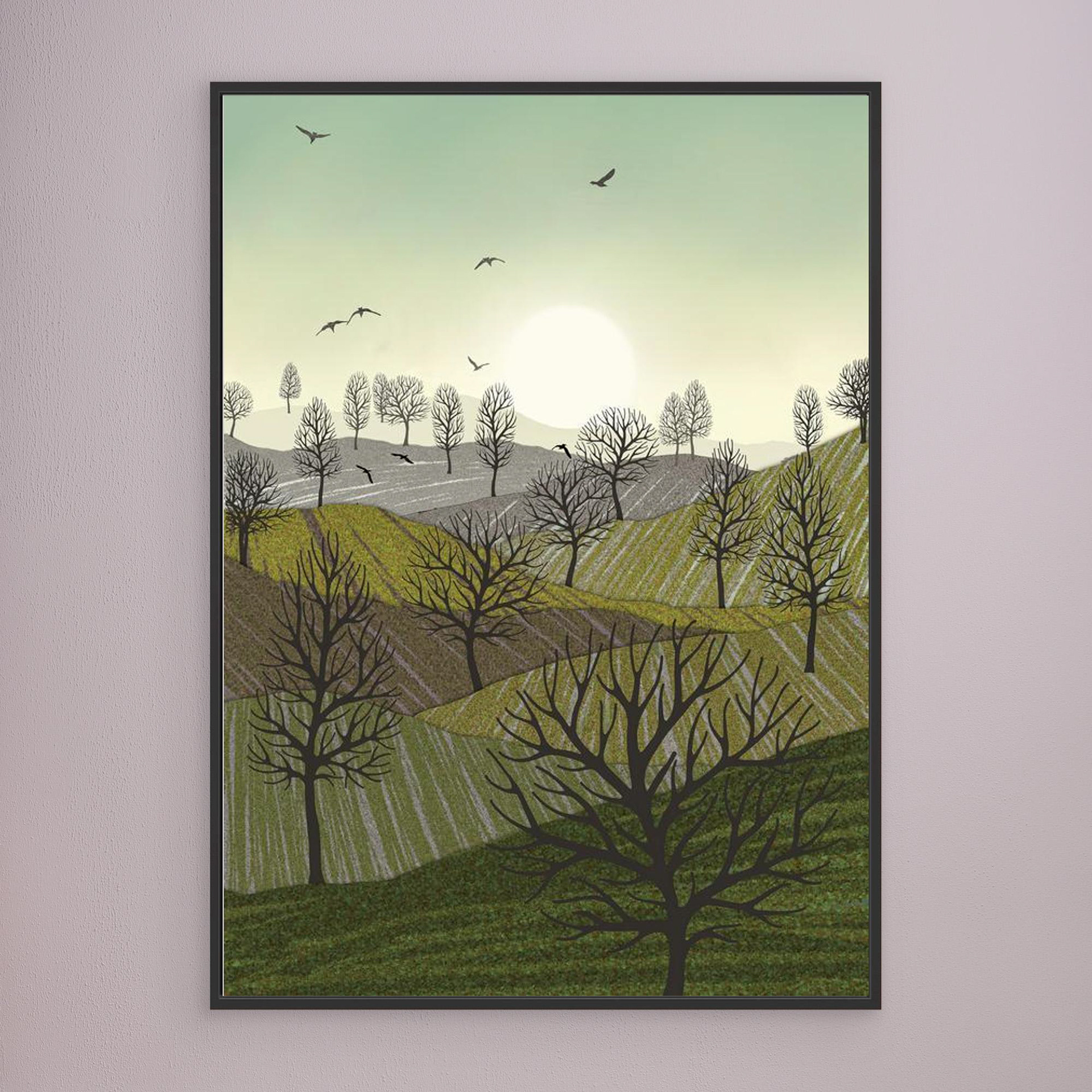 Over the Hills created by Robbie William for WalkinHISlight,, artwork depicting a landscape dotted with various trees with the sun shining in the background and birds flying. Reductive in nature. Shades of white, grey's, greens through to black.. Available as a canvas print and paper print framed or unframed in various sizes. Contemporary/modern in style..