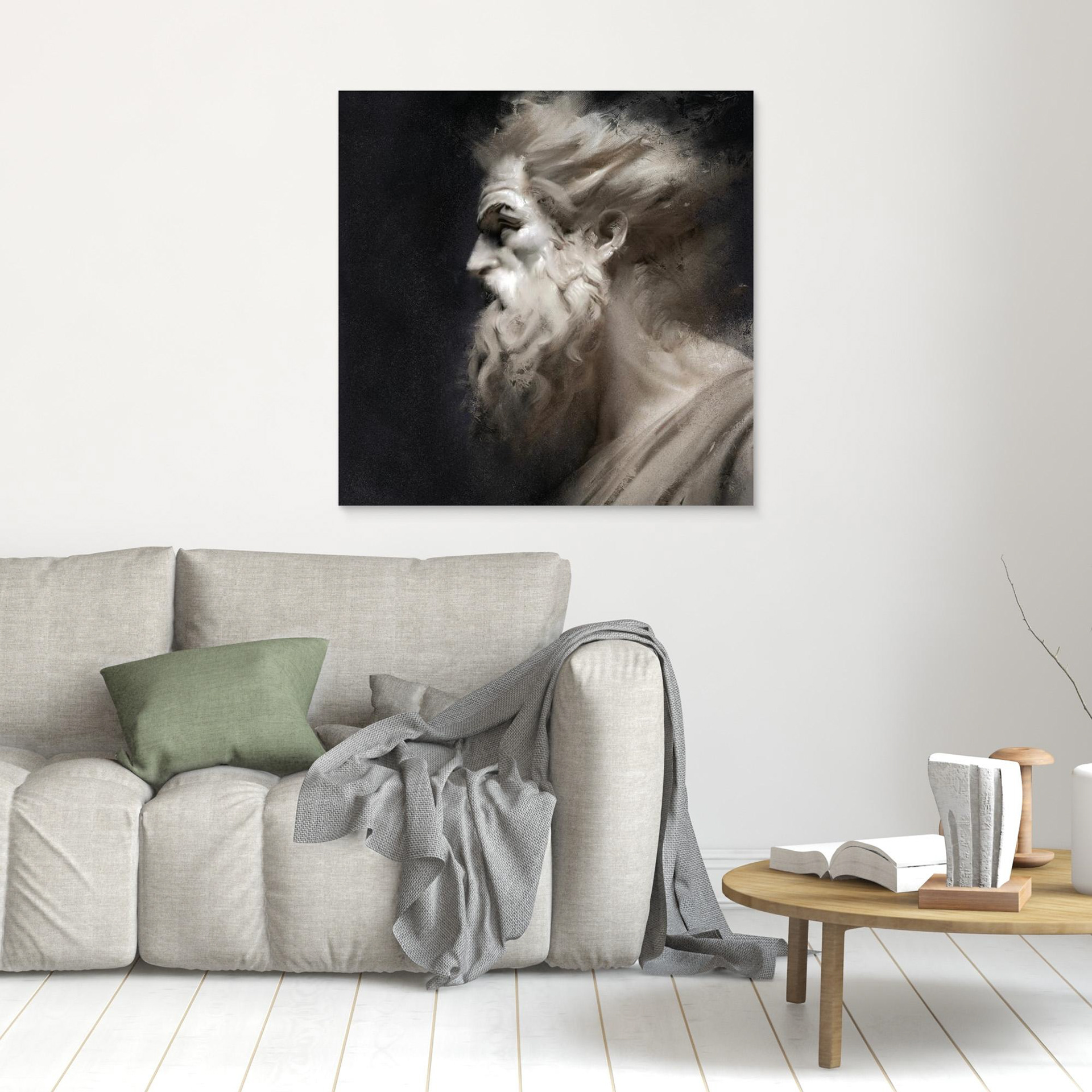 Fury artwork created by Robbie William for WalkinHISlight depicting the head and shoulders, side view, of a bearded man. Historical in nature. Shades of white, ivory to black. Available as a canvas print and paper print framed or unframed in various sizes. Contemporary/modern in style.