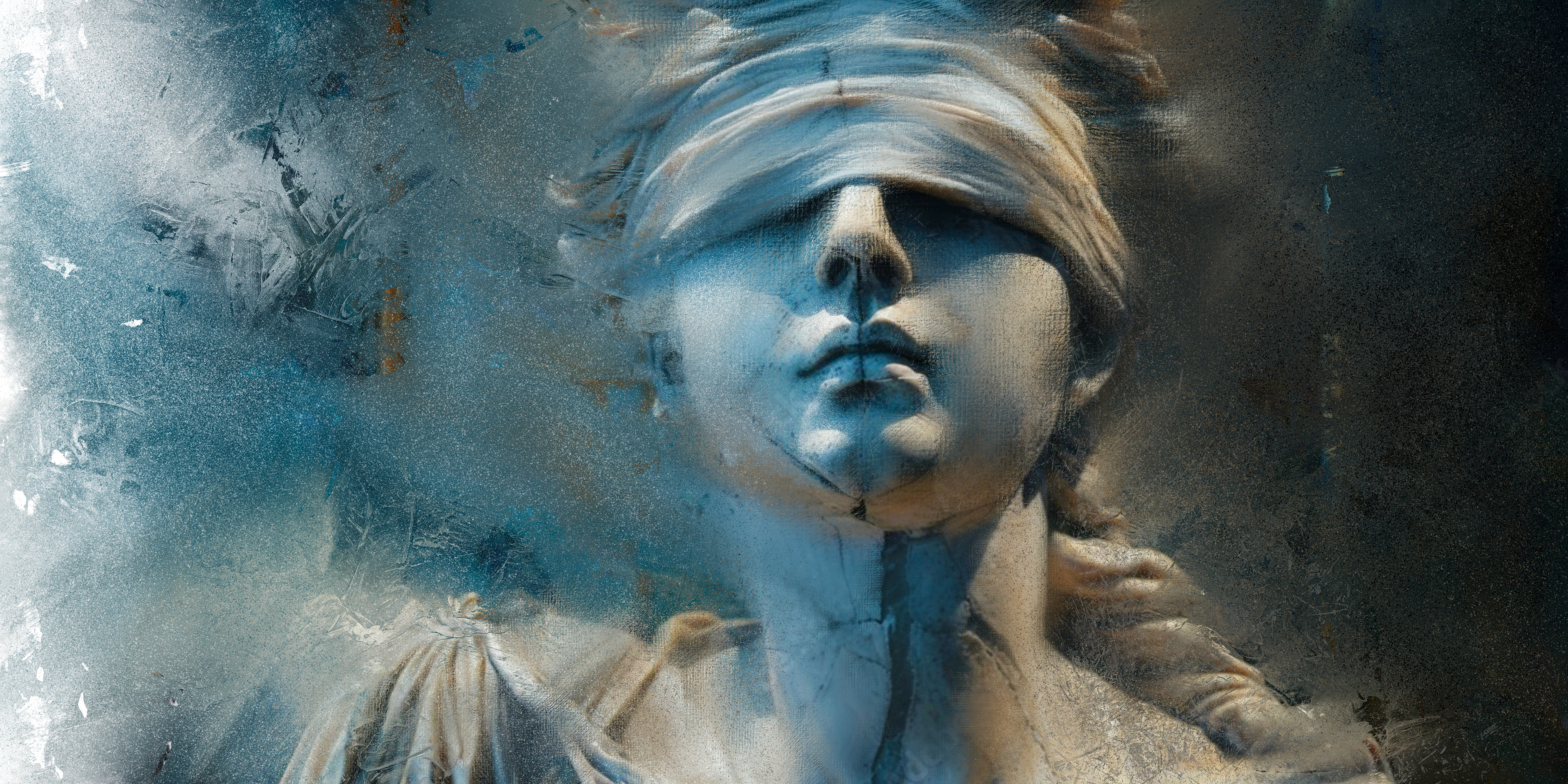 Lady Justice artwork created by Robbie William for WalkinHISlight depicting Lady Justice in shades of blue to black. Blind folded figure. Available as a canvas print and paper print framed or unframed. Contemporary in style.