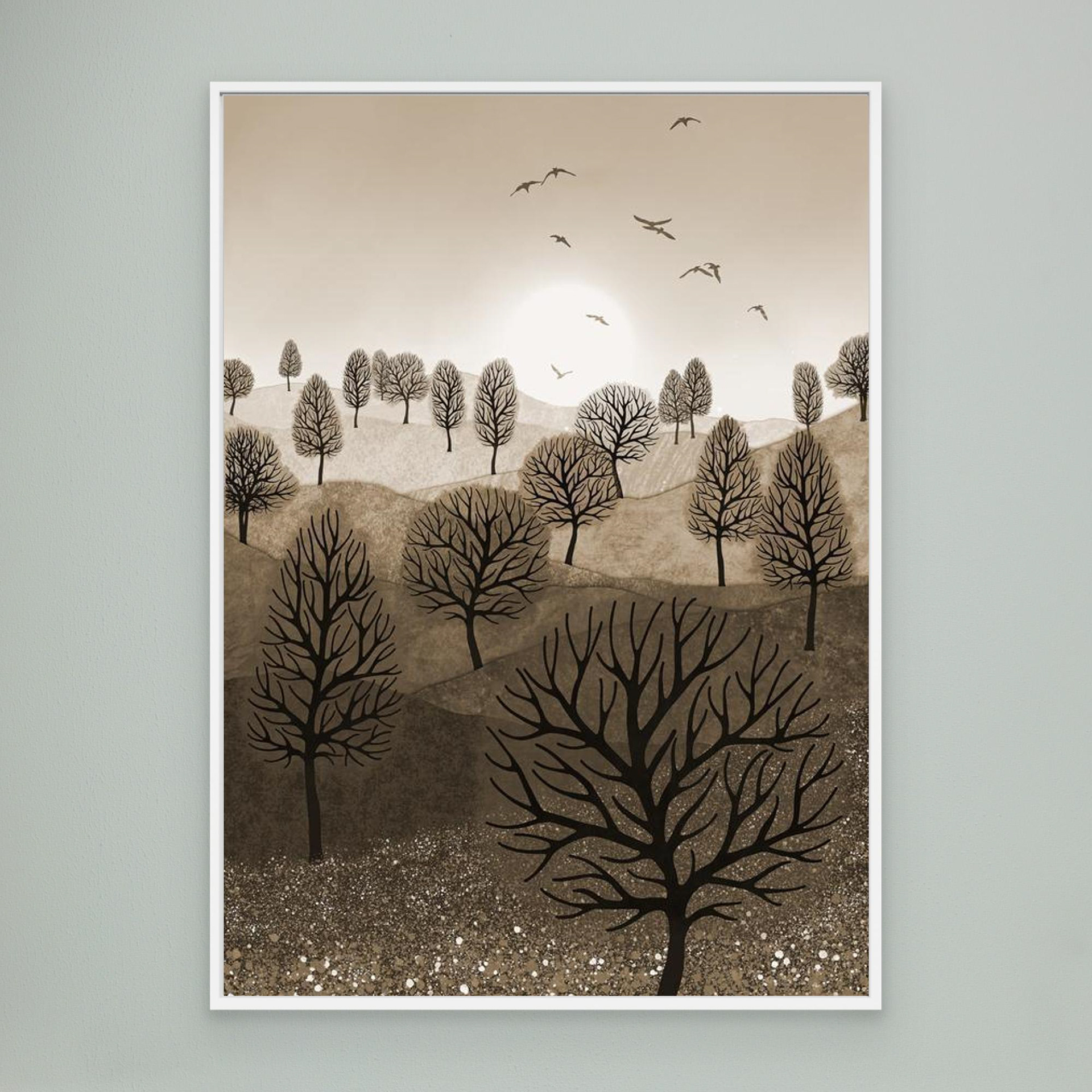 A Splash of Colour 'Sepia' created by Robbie William for WalkinHISlight,, artwork depicting a landscape dotted with various trees with the sun shining in the background, with a field of flowers in the forground and birds flying. Reductive in nature. Shades of white, beige, browns through to black.  Available as a canvas print and paper print framed or unframed in various sizes. Contemporary/modern in style..