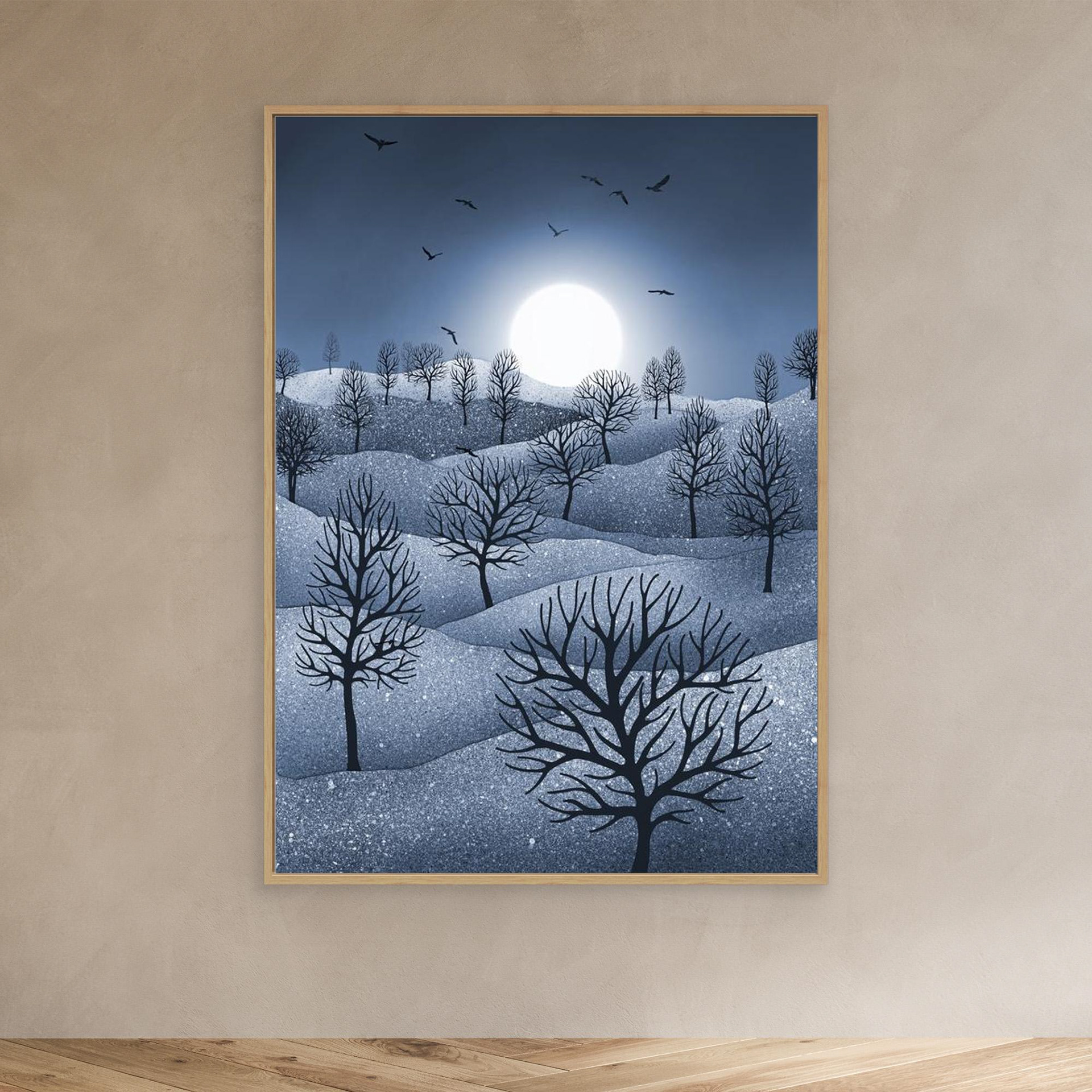 Winter Sparkles,'Blue' artwork created by Robbie William for WalkinHISlight, depicting a landscape dotted with various trees with the sun shining in the background and birds flying. Reductive in nature. Shades of white, blue through to black.. Available as a canvas print and paper print framed or unframed in various sizes. Contemporary/modern in style..