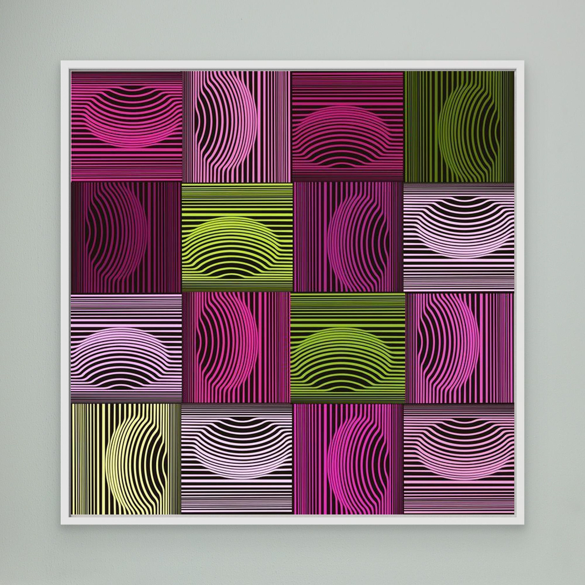 Dimple & Pimples -1 artwork created by Robbie William for WalkinHISlight depicting an abstract pattern. Shades of green and pink. Available as a canvas print and paper print framed or unframed in various sizes. Contemporary/modern in style.