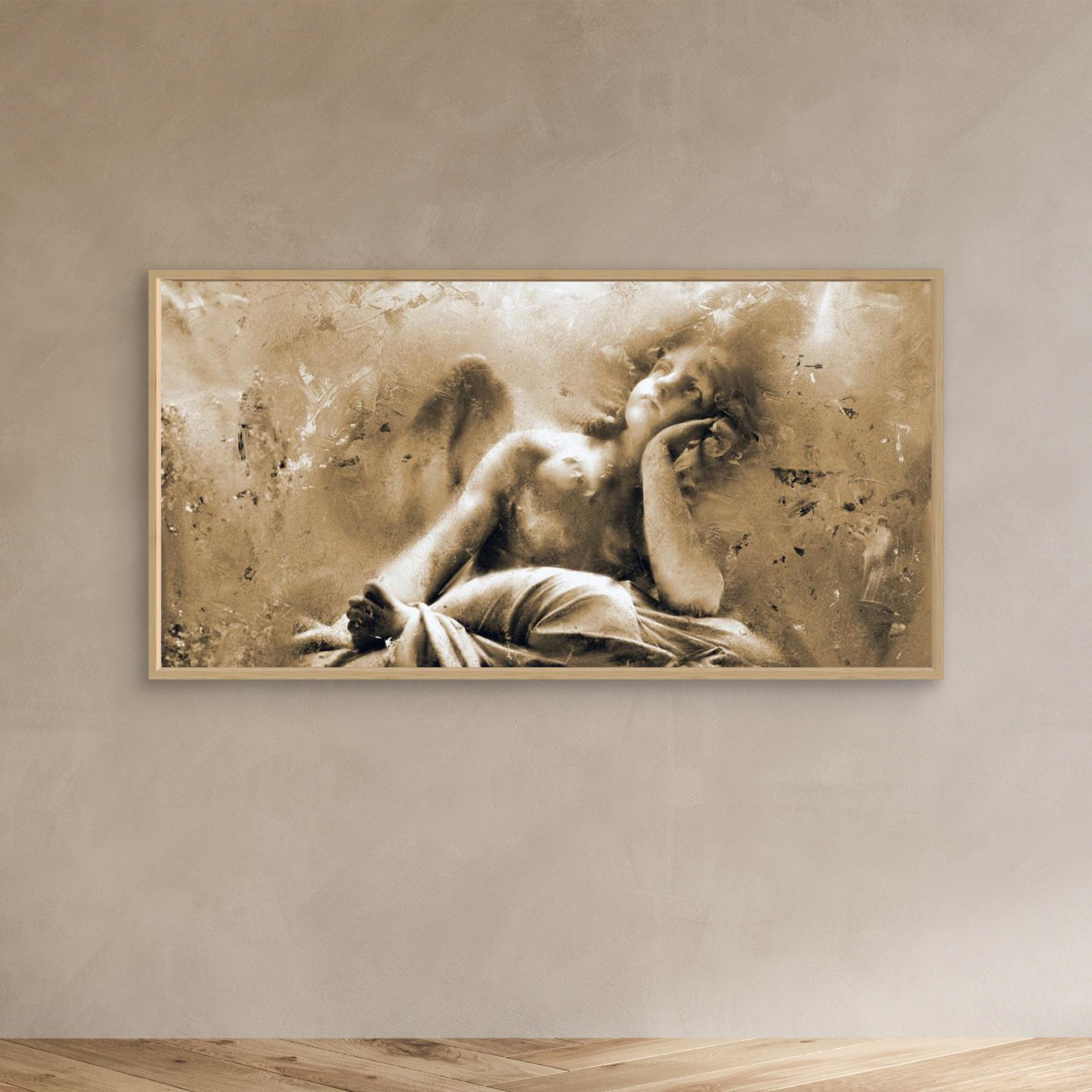 Waiting on the Divine, artwork created by Robbie William for WalkinHISlight depicting an angelic figure sitting looking up. Historical in nature. Shades of white, ivory and beige to black. Available as a canvas print and paper print framed or unframed in various sizes. Contemporary/modern in style.