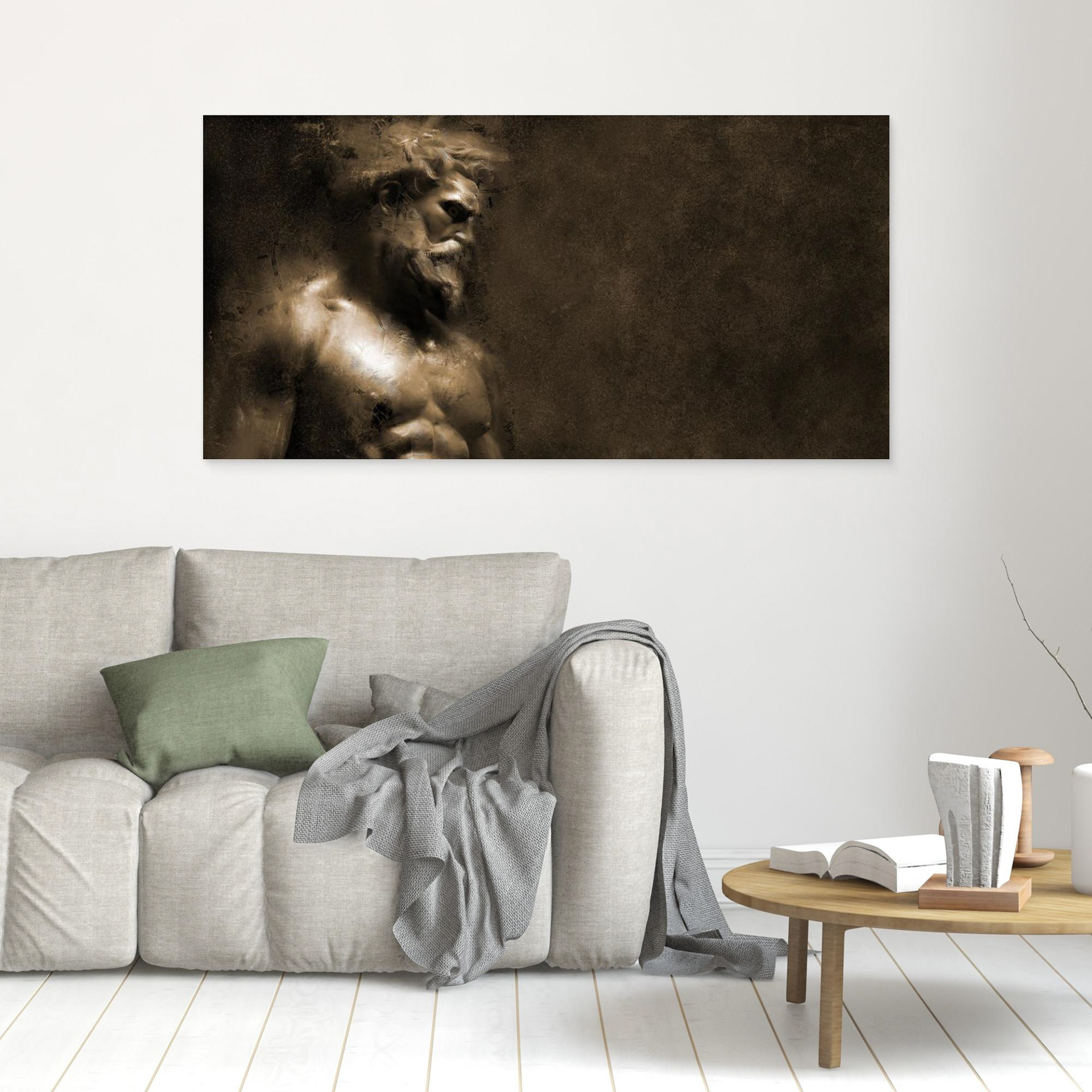 Creation artwork created by Robbie William for WalkinHISlight depicting bearded mans head and torso looking down.. Historical in nature. Shades of white, bronze to black. Available as a canvas print and paper print framed or unframed in various sizes. Contemporary/modern in style.