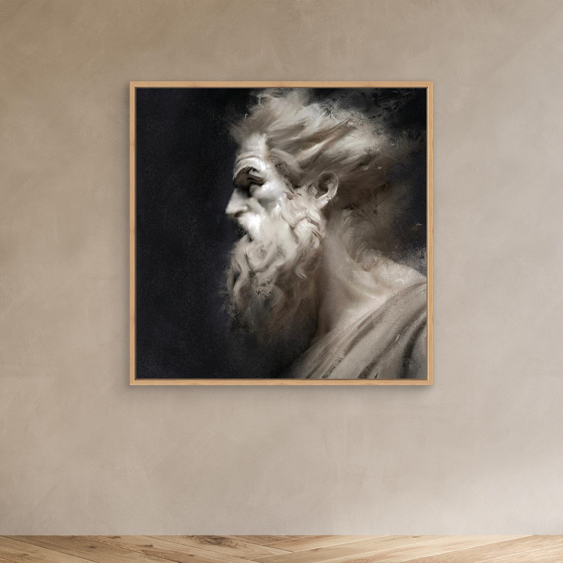 Fury artwork created by Robbie William for WalkinHISlight depicting the head and shoulders, side view, of a bearded man. Historical in nature. Shades of white, ivory to black. Available as a canvas print and paper print framed or unframed in various sizes. Contemporary/modern in style.