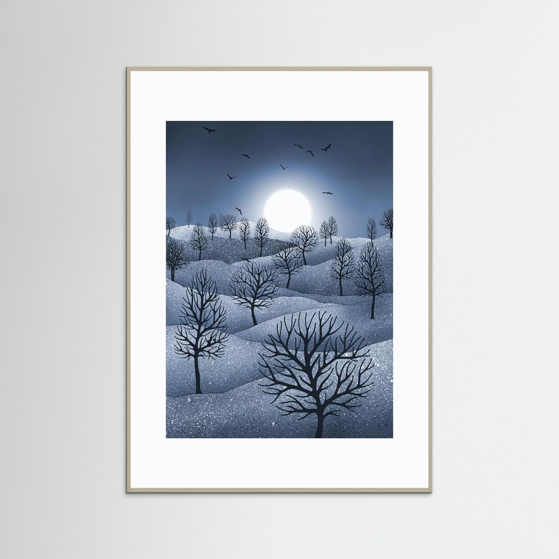 Winter Sparkles,'Blue' artwork created by Robbie William for WalkinHISlight, depicting a landscape dotted with various trees with the sun shining in the background and birds flying. Reductive in nature. Shades of white, blue through to black.. Available as a canvas print and paper print framed or unframed in various sizes. Contemporary/modern in style..