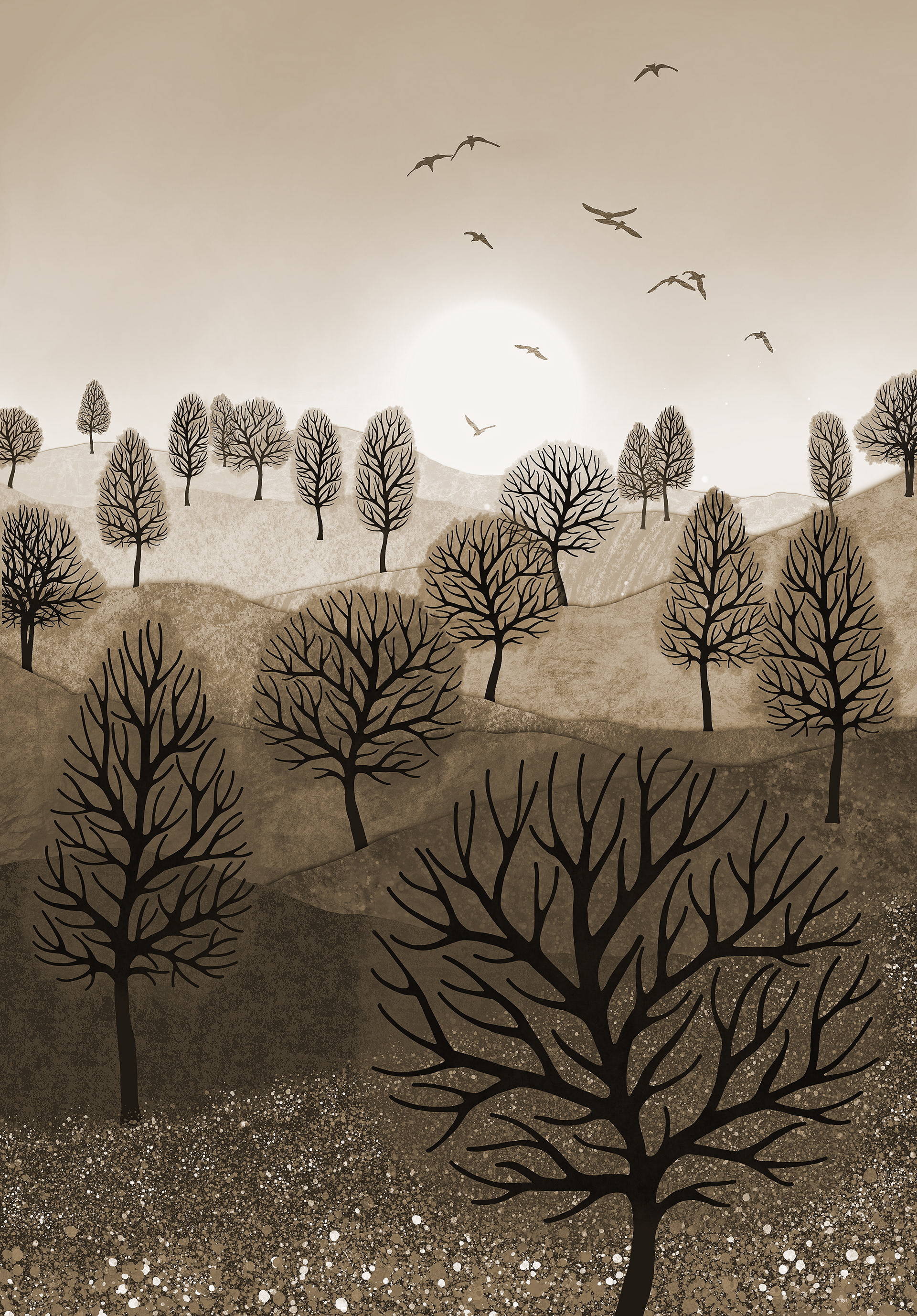 A Splash of Colour 'Sepia' created by Robbie William for WalkinHISlight,, artwork depicting a landscape dotted with various trees with the sun shining in the background, with a field of flowers in the forground and birds flying. Reductive in nature. Shades of white, beige, browns through to black.  Available as a canvas print and paper print framed or unframed in various sizes. Contemporary/modern in style..