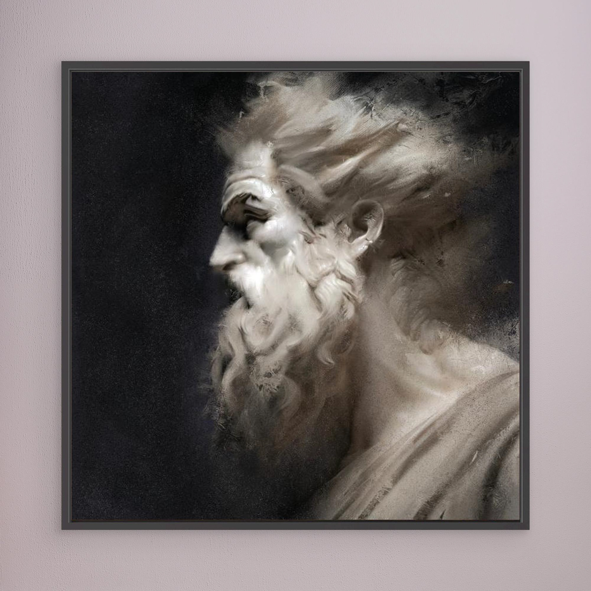 Fury artwork created by Robbie William for WalkinHISlight depicting the head and shoulders, side view, of a bearded man. Historical in nature. Shades of white, ivory to black. Available as a canvas print and paper print framed or unframed in various sizes. Contemporary/modern in style.