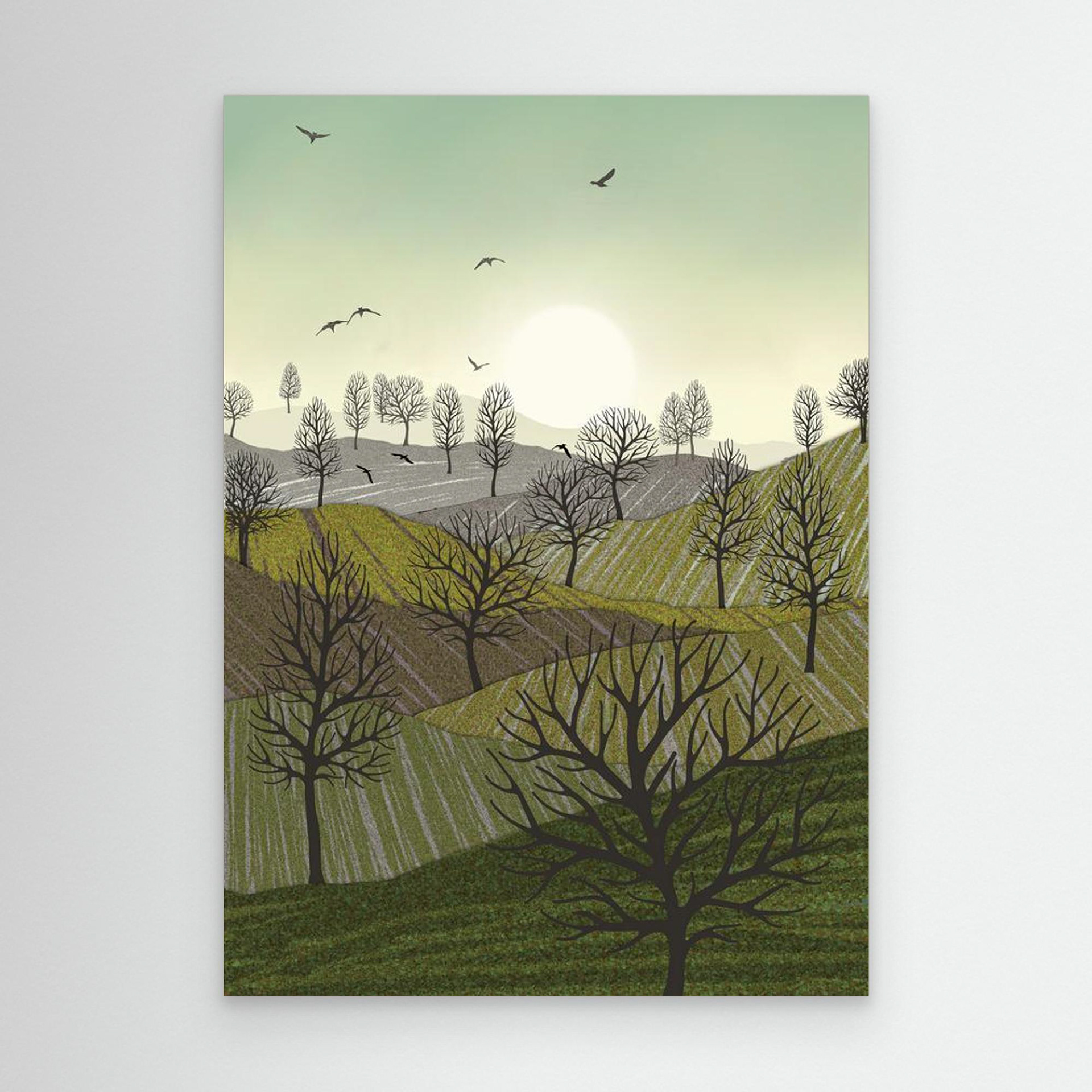 Over the Hills created by Robbie William for WalkinHISlight,, artwork depicting a landscape dotted with various trees with the sun shining in the background and birds flying. Reductive in nature. Shades of white, grey's, greens through to black.. Available as a canvas print and paper print framed or unframed in various sizes. Contemporary/modern in style..