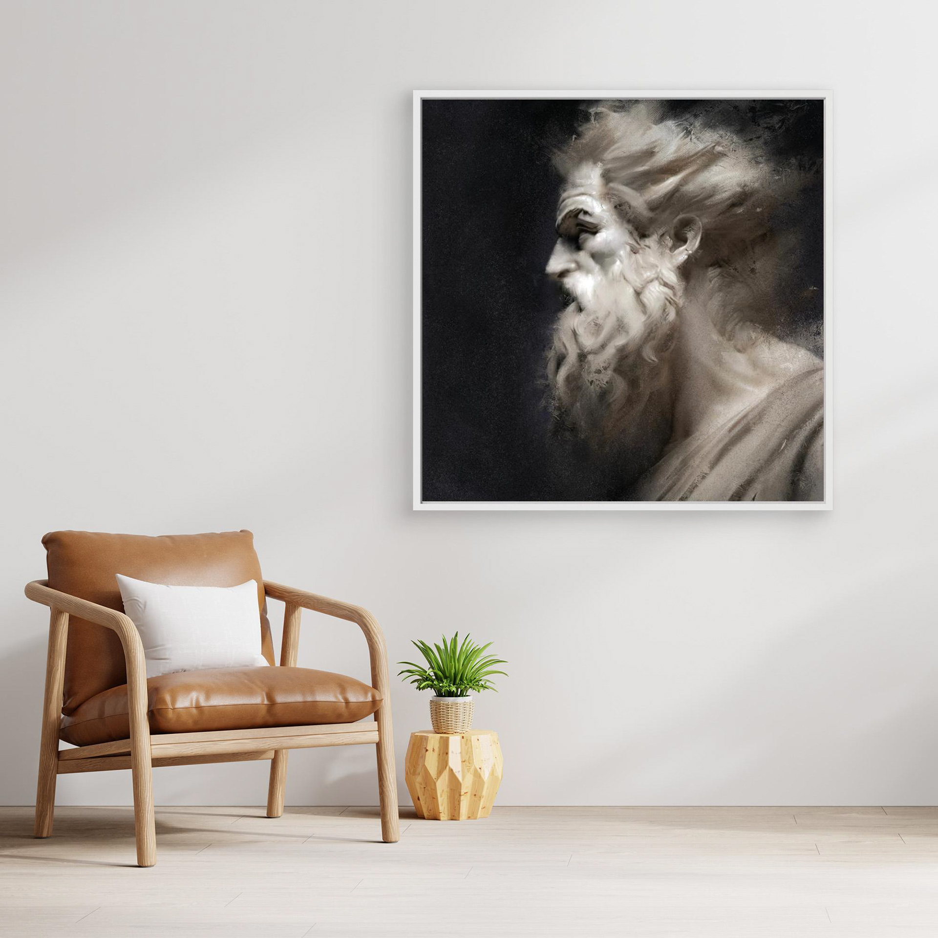 Fury artwork created by Robbie William for WalkinHISlight depicting the head and shoulders, side view, of a bearded man. Historical in nature. Shades of white, ivory to black. Available as a canvas print and paper print framed or unframed in various sizes. Contemporary/modern in style.