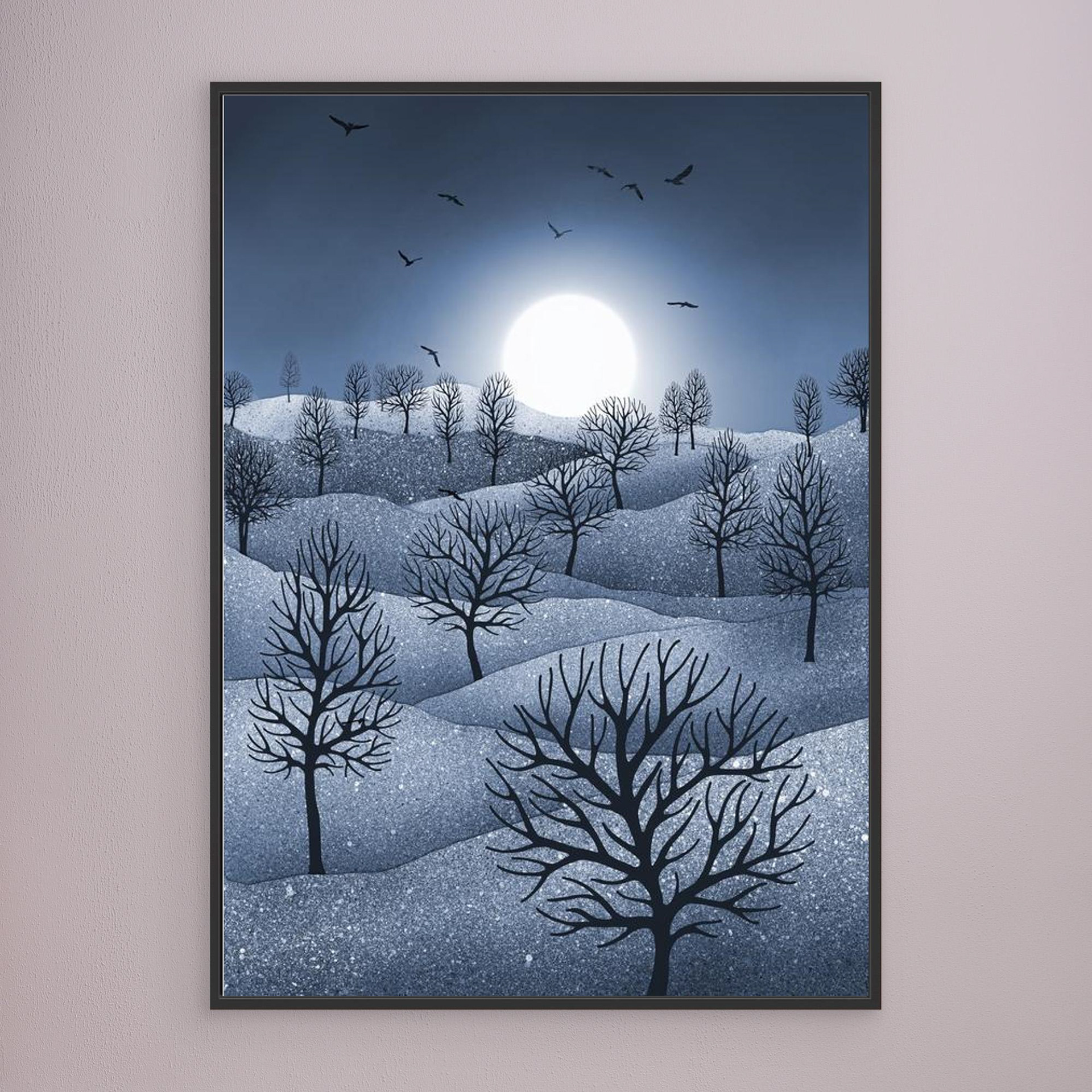 Winter Sparkles,'Blue' artwork created by Robbie William for WalkinHISlight, depicting a landscape dotted with various trees with the sun shining in the background and birds flying. Reductive in nature. Shades of white, blue through to black.. Available as a canvas print and paper print framed or unframed in various sizes. Contemporary/modern in style..