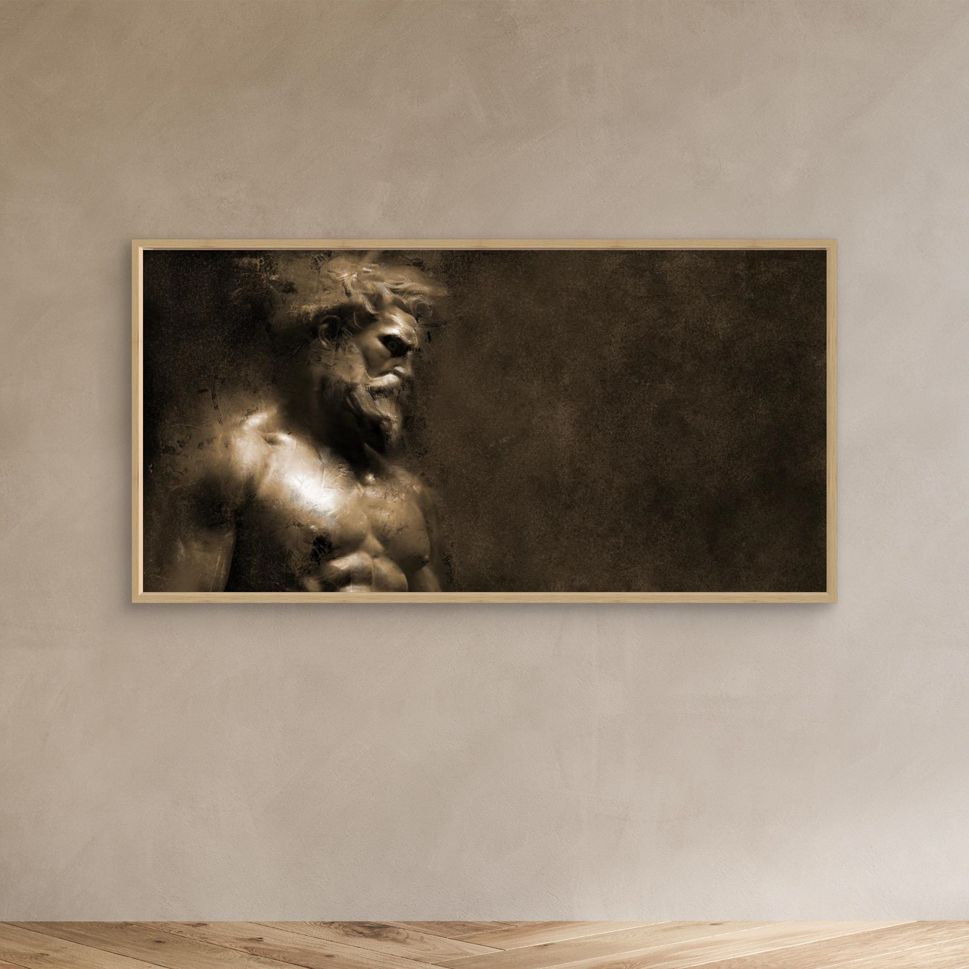 Creation artwork created by Robbie William for WalkinHISlight depicting bearded mans head and torso looking down.. Historical in nature. Shades of white, bronze to black. Available as a canvas print and paper print framed or unframed in various sizes. Contemporary/modern in style.