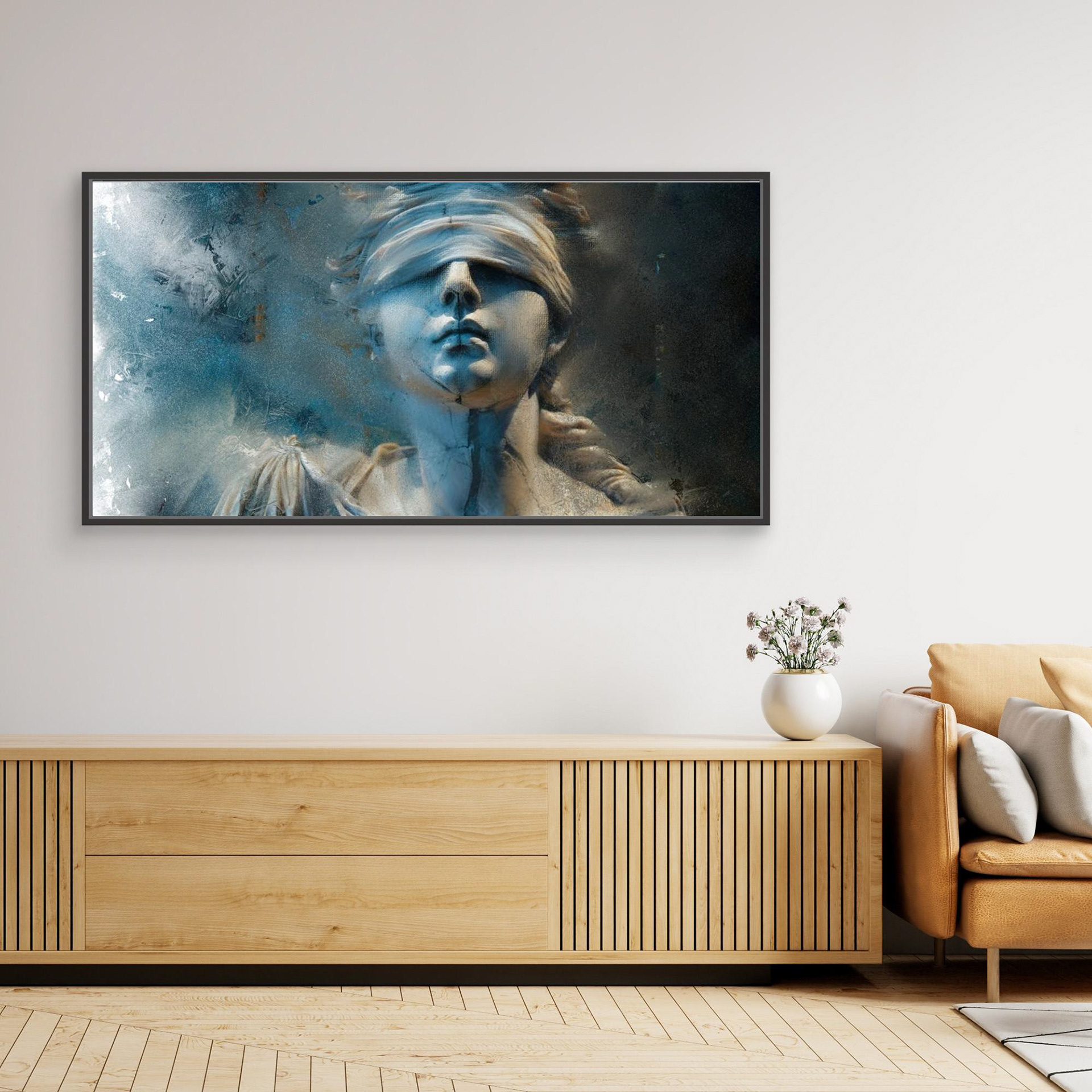 Lady Justice artwork created by Robbie William for WalkinHISlight depicting Lady Justice in shades of blue to black. Blind folded figure. Available as a canvas print and paper print framed or unframed. Contemporary in style.