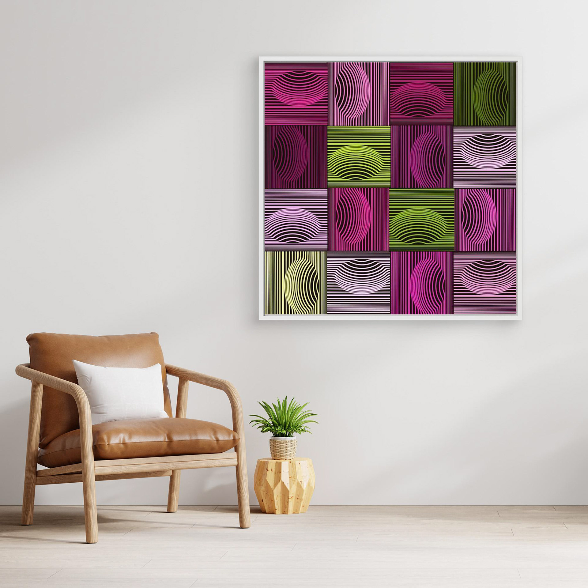 Dimple & Pimples -1 artwork created by Robbie William for WalkinHISlight depicting an abstract pattern. Shades of green and pink. Available as a canvas print and paper print framed or unframed in various sizes. Contemporary/modern in style.