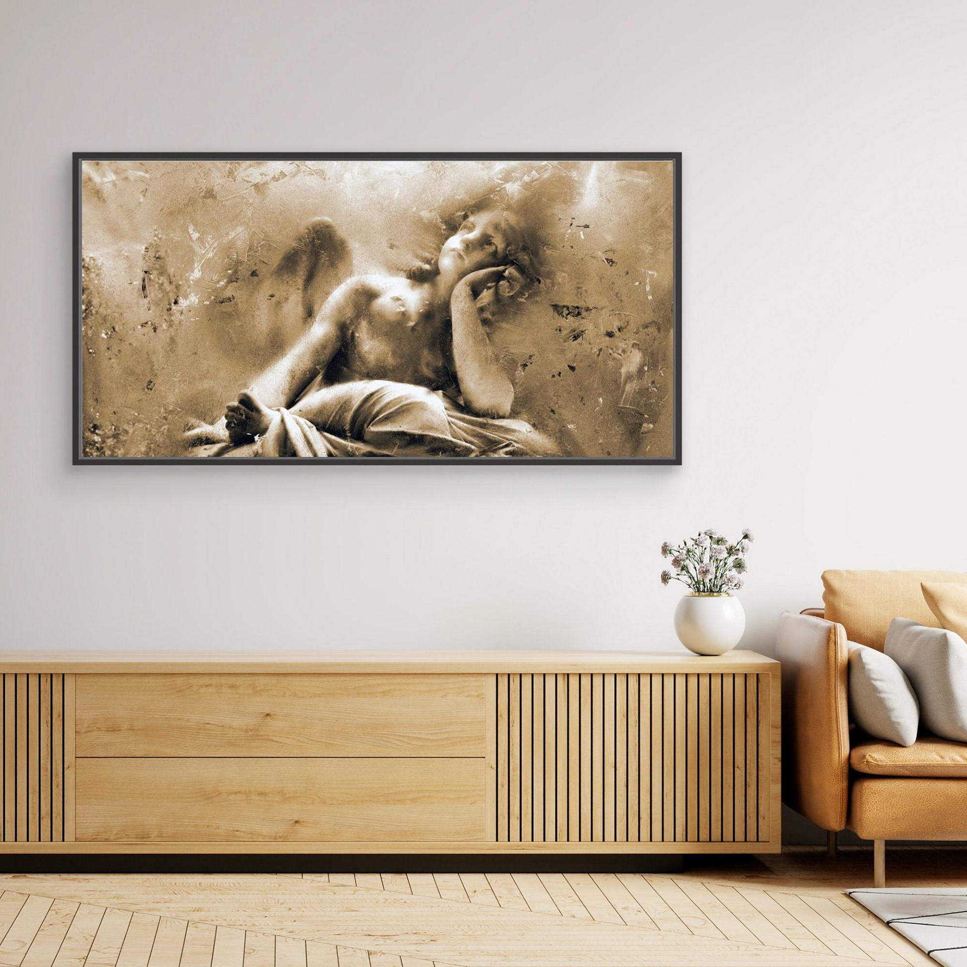 Waiting on the Divine, artwork created by Robbie William for WalkinHISlight depicting an angelic figure sitting looking up. Historical in nature. Shades of white, ivory and beige to black. Available as a canvas print and paper print framed or unframed in various sizes. Contemporary/modern in style.