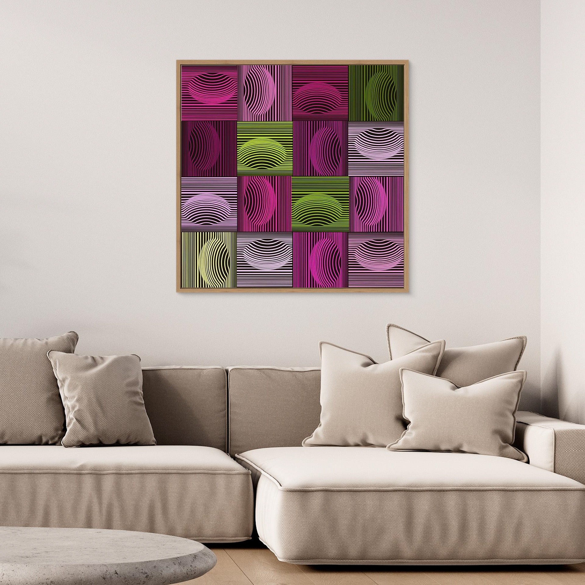 Dimple & Pimples -1 artwork created by Robbie William for WalkinHISlight depicting an abstract pattern. Shades of green and pink. Available as a canvas print and paper print framed or unframed in various sizes. Contemporary/modern in style.