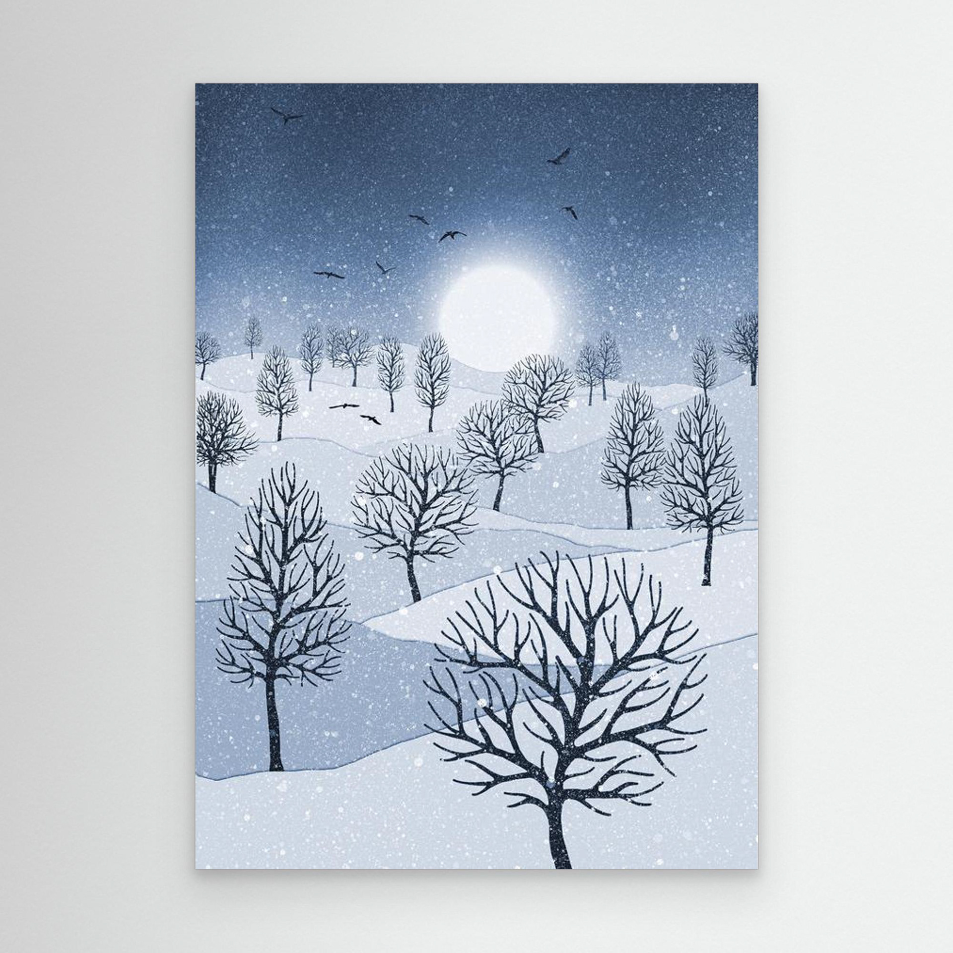 Winter Sun, artwork created by Robbie William for WalkinHISlight, depicting snow falling on a landscape dotted with various trees with the sun shining in the background and birds flying. Reductive in nature. Shades of white, blue through to black.. Available as a canvas print and paper print framed or unframed in various sizes. Contemporary/modern in style. 