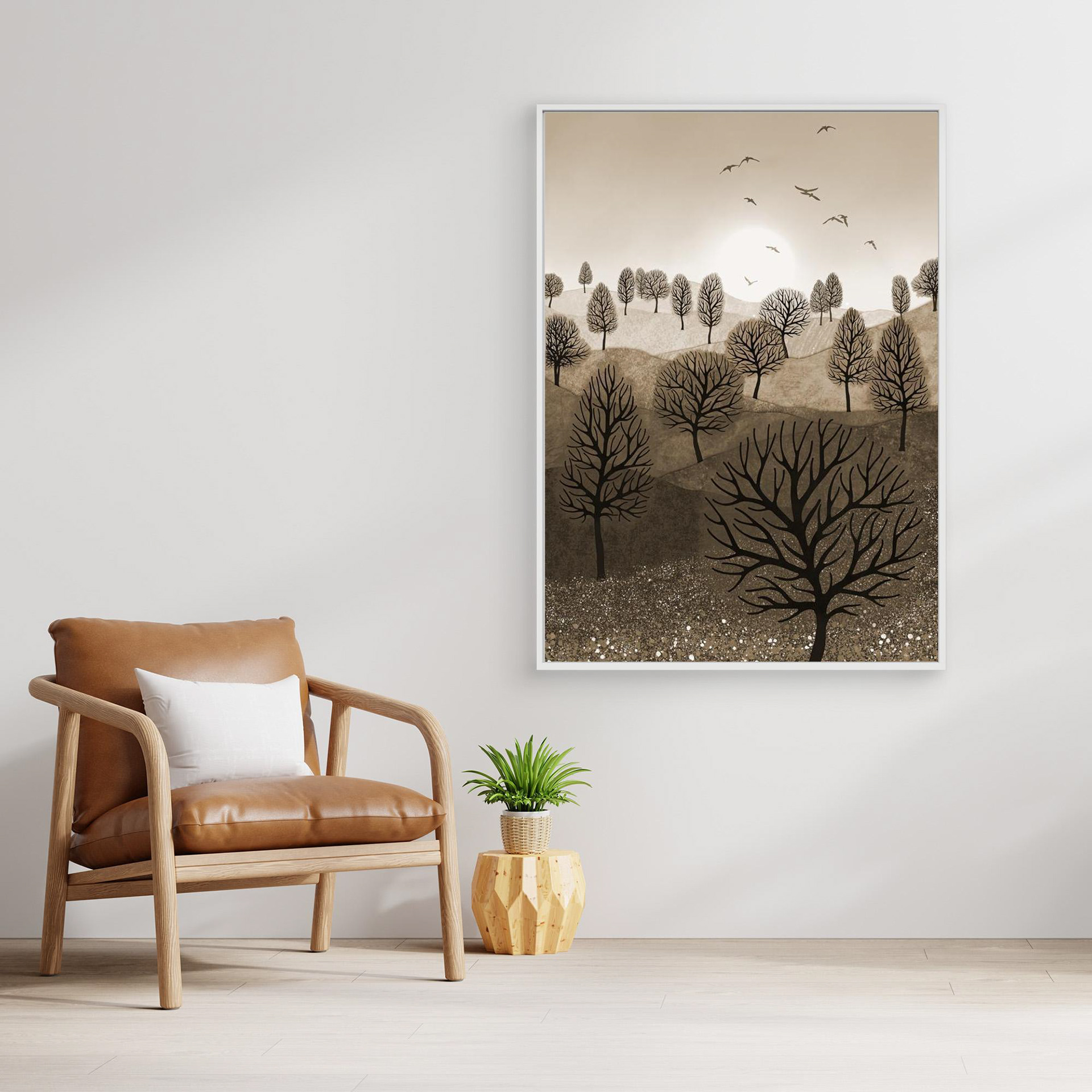 A Splash of Colour 'Sepia' created by Robbie William for WalkinHISlight,, artwork depicting a landscape dotted with various trees with the sun shining in the background, with a field of flowers in the forground and birds flying. Reductive in nature. Shades of white, beige, browns through to black.  Available as a canvas print and paper print framed or unframed in various sizes. Contemporary/modern in style..