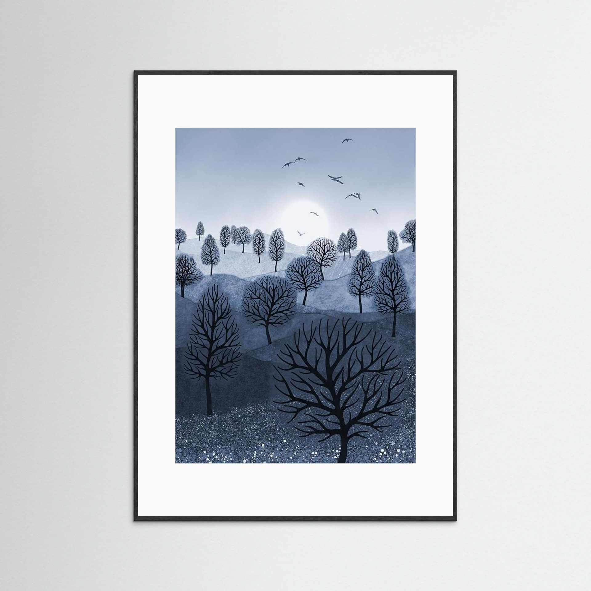 A Splash of Colour 'Blue' created by Robbie William for WalkinHISlight,, artwork depicting a landscape dotted with various trees with the sun shining in the background, with a field of flowers in the foreground and birds flying. Reductive in nature. Shades of white, blue,, through to black.  Available as a canvas print and paper print framed or unframed in various sizes. Contemporary/modern in style..