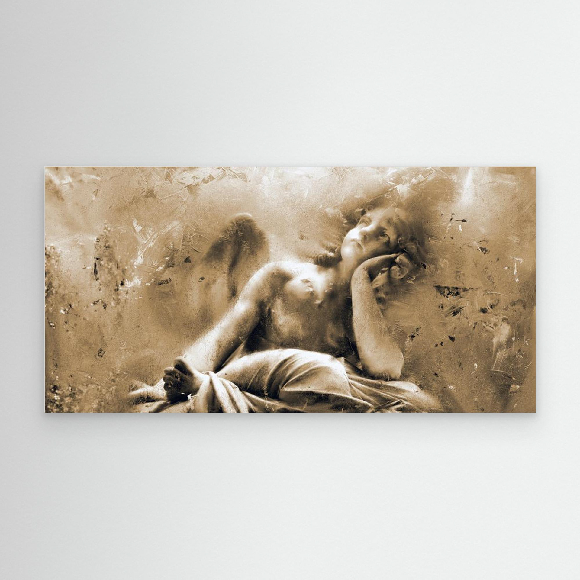 Waiting on the Divine, artwork created by Robbie William for WalkinHISlight depicting an angelic figure sitting looking up. Historical in nature. Shades of white, ivory and beige to black. Available as a canvas print and paper print framed or unframed in various sizes. Contemporary/modern in style.