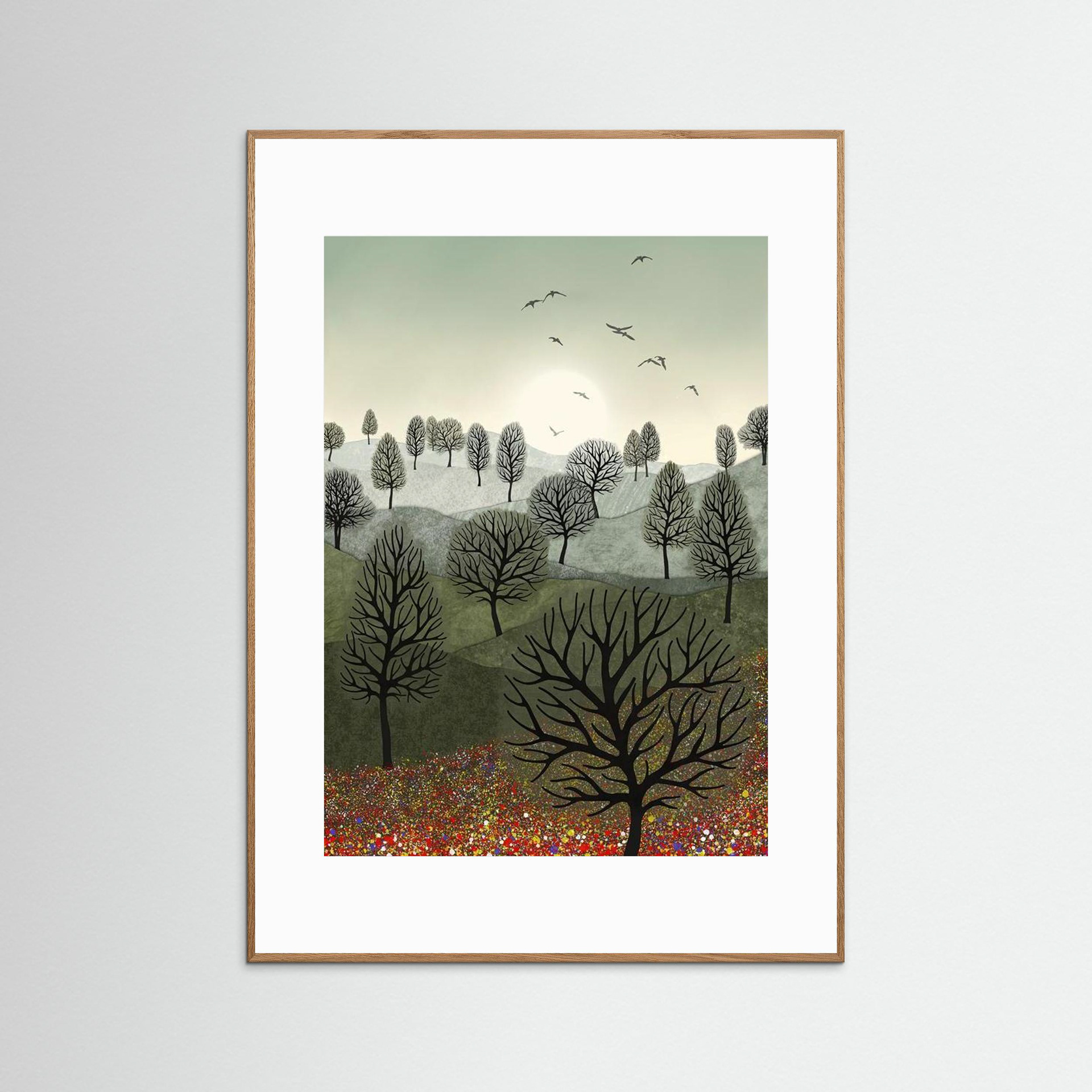 A Splash of Colour created by Robbie William for WalkinHISlight,, artwork depicting a landscape dotted with various trees with the sun shining in the background, with a field of flowers in the forground and birds flying. Reductive in nature. Shades of white, grey's, greens through to black.. Available as a canvas print and paper print framed or unframed in various sizes. Contemporary/modern in style..