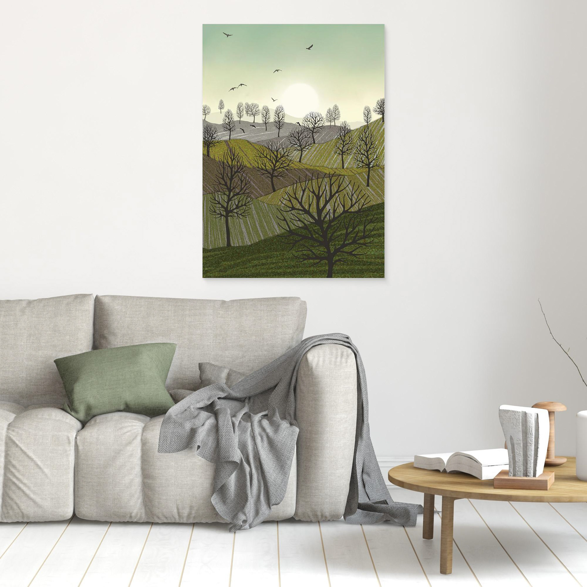 Over the Hills created by Robbie William for WalkinHISlight,, artwork depicting a landscape dotted with various trees with the sun shining in the background and birds flying. Reductive in nature. Shades of white, grey's, greens through to black.. Available as a canvas print and paper print framed or unframed in various sizes. Contemporary/modern in style..