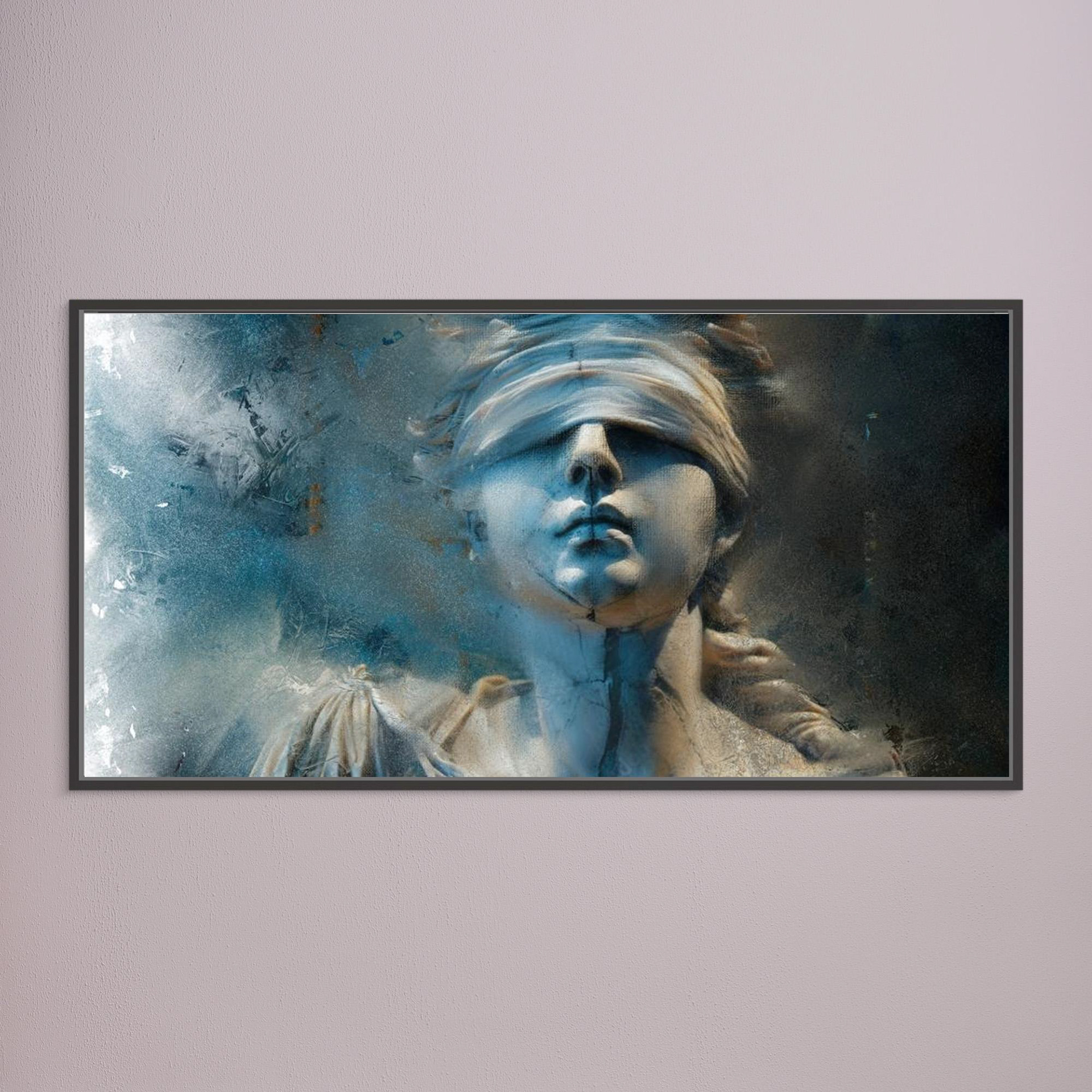 Lady Justice artwork created by Robbie William for WalkinHISlight depicting Lady Justice in shades of blue to black. Blind folded figure. Available as a canvas print and paper print framed or unframed. Contemporary in style.