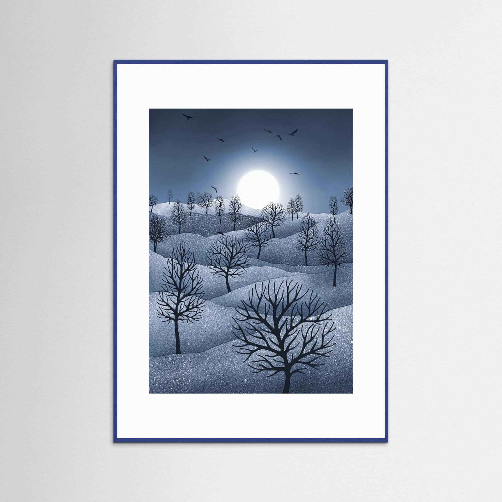 Winter Sparkles,'Blue' artwork created by Robbie William for WalkinHISlight, depicting a landscape dotted with various trees with the sun shining in the background and birds flying. Reductive in nature. Shades of white, blue through to black.. Available as a canvas print and paper print framed or unframed in various sizes. Contemporary/modern in style..