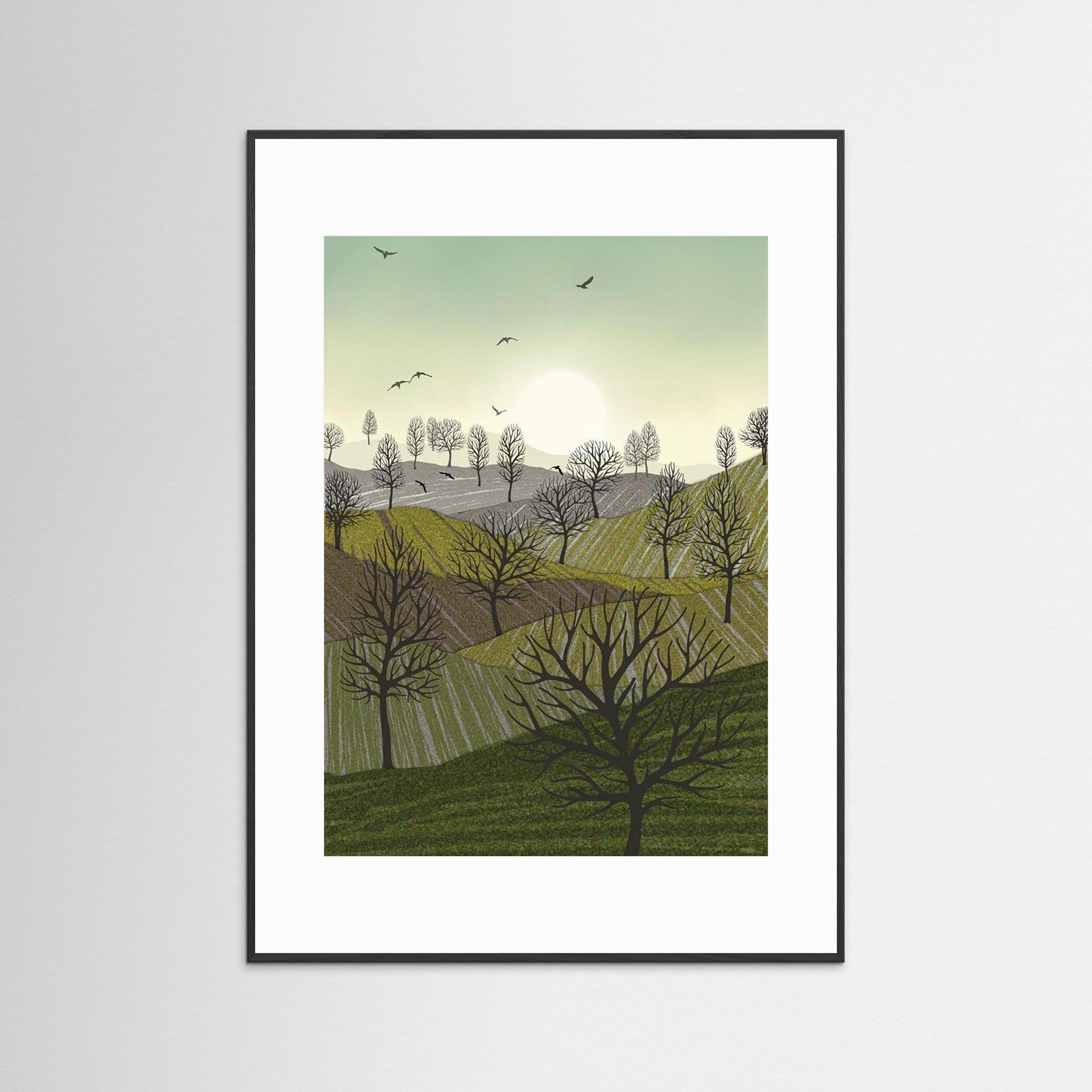 Over the Hills created by Robbie William for WalkinHISlight,, artwork depicting a landscape dotted with various trees with the sun shining in the background and birds flying. Reductive in nature. Shades of white, grey's, greens through to black.. Available as a canvas print and paper print framed or unframed in various sizes. Contemporary/modern in style..