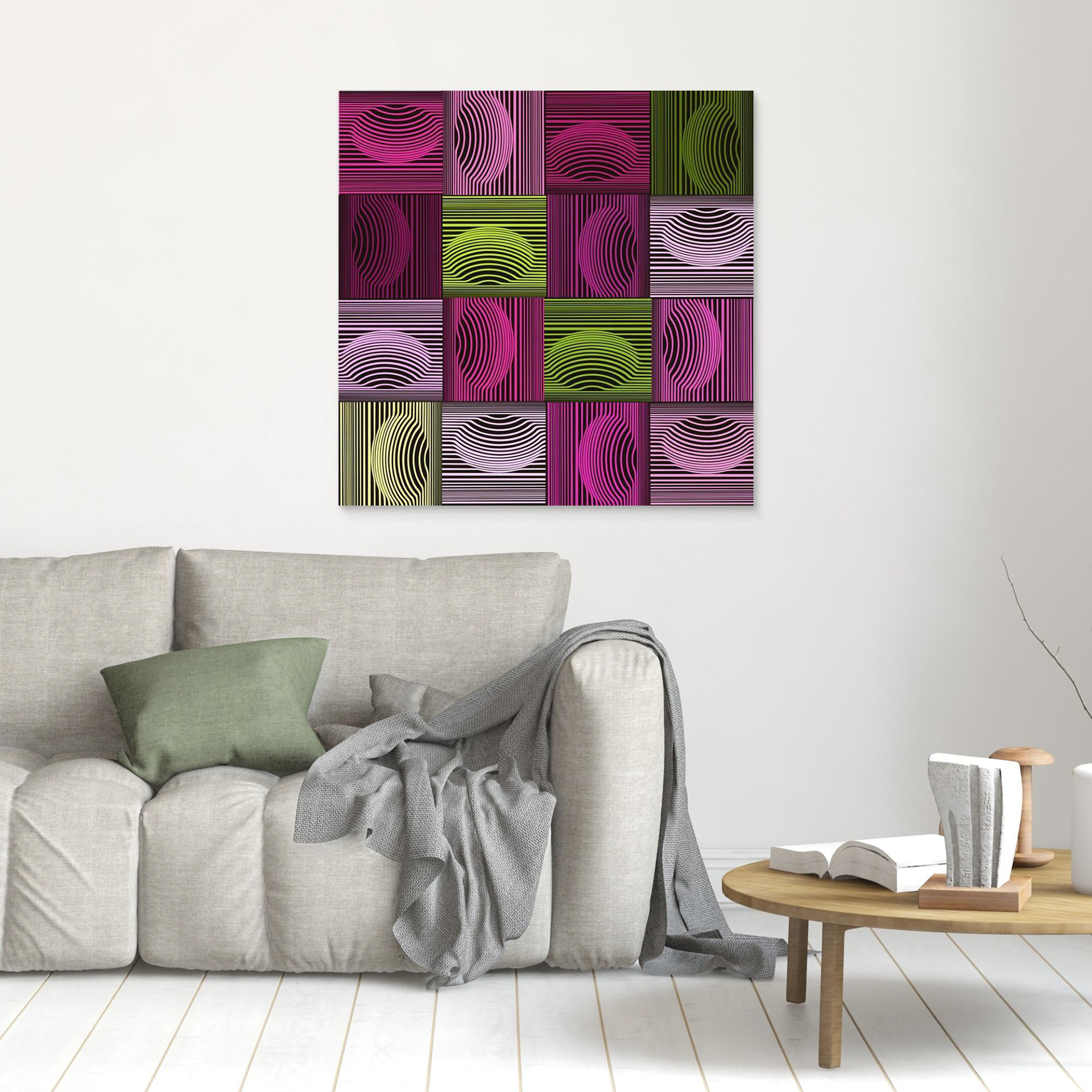 Dimple & Pimples -1 artwork created by Robbie William for WalkinHISlight depicting an abstract pattern. Shades of green and pink. Available as a canvas print and paper print framed or unframed in various sizes. Contemporary/modern in style.