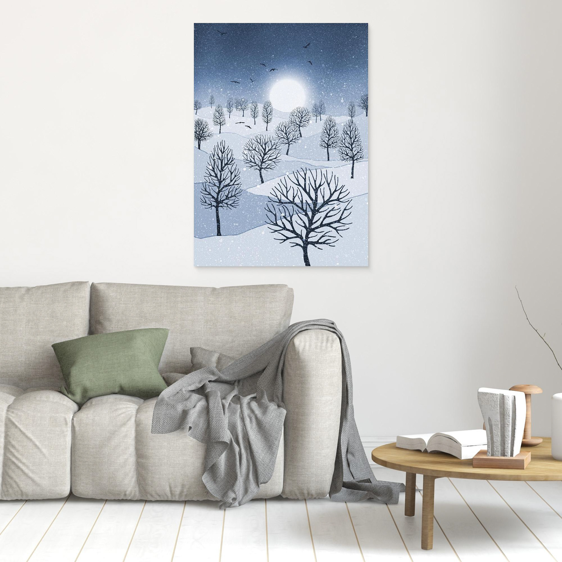 Winter Sun, artwork created by Robbie William for WalkinHISlight, depicting snow falling on a landscape dotted with various trees with the sun shining in the background and birds flying. Reductive in nature. Shades of white, blue through to black.. Available as a canvas print and paper print framed or unframed in various sizes. Contemporary/modern in style. 