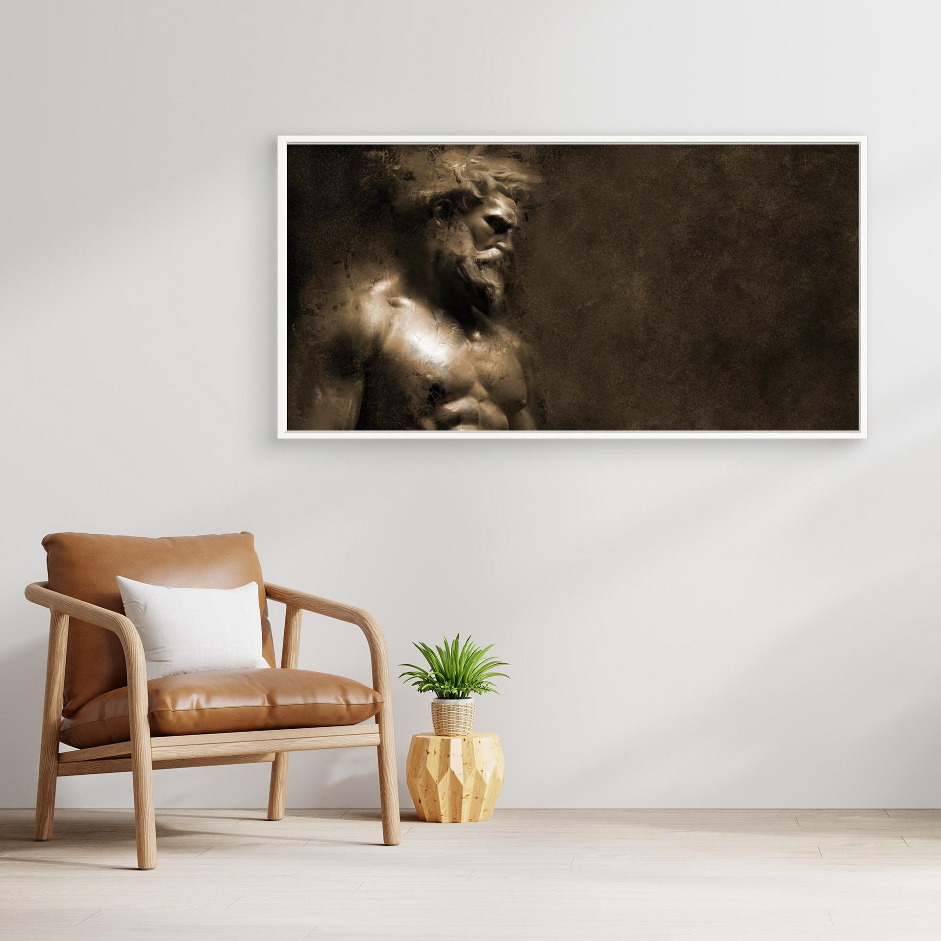 Creation artwork created by Robbie William for WalkinHISlight depicting bearded mans head and torso looking down.. Historical in nature. Shades of white, bronze to black. Available as a canvas print and paper print framed or unframed in various sizes. Contemporary/modern in style.