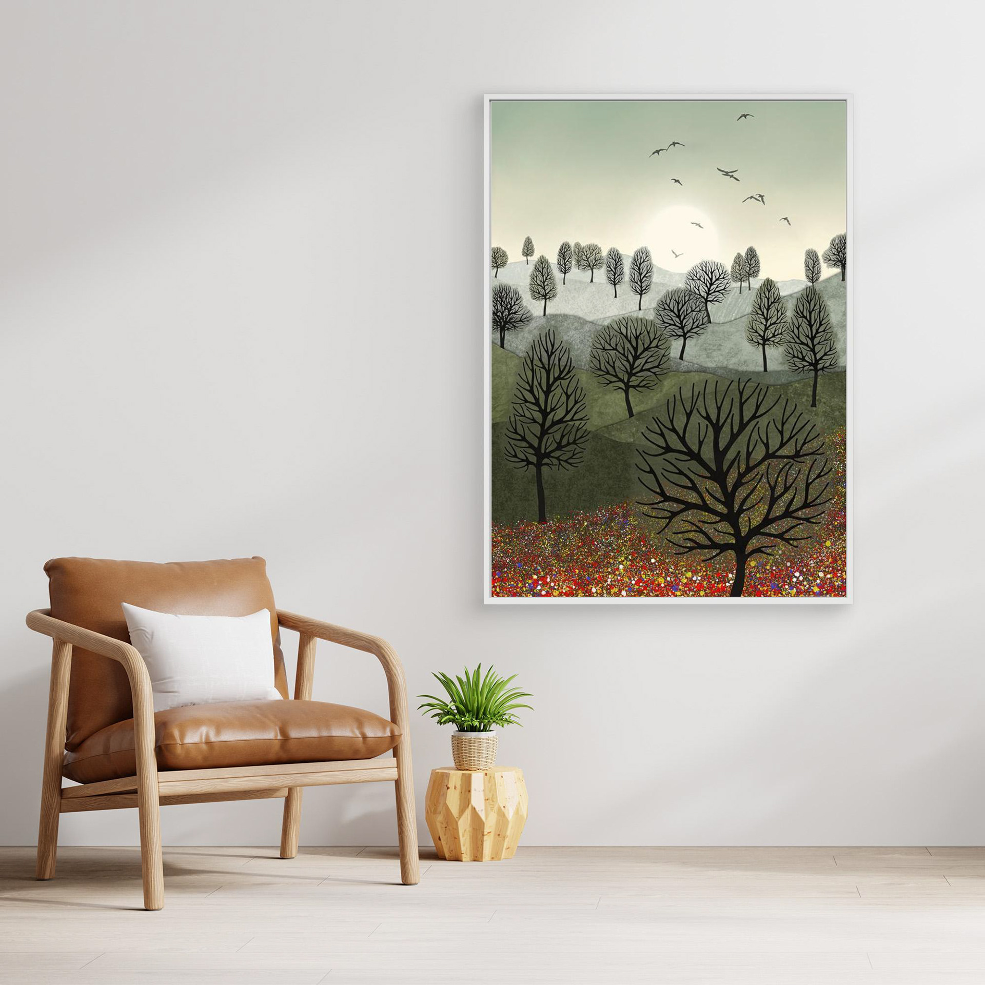 A Splash of Colour created by Robbie William for WalkinHISlight,, artwork depicting a landscape dotted with various trees with the sun shining in the background, with a field of flowers in the forground and birds flying. Reductive in nature. Shades of white, grey's, greens through to black.. Available as a canvas print and paper print framed or unframed in various sizes. Contemporary/modern in style..