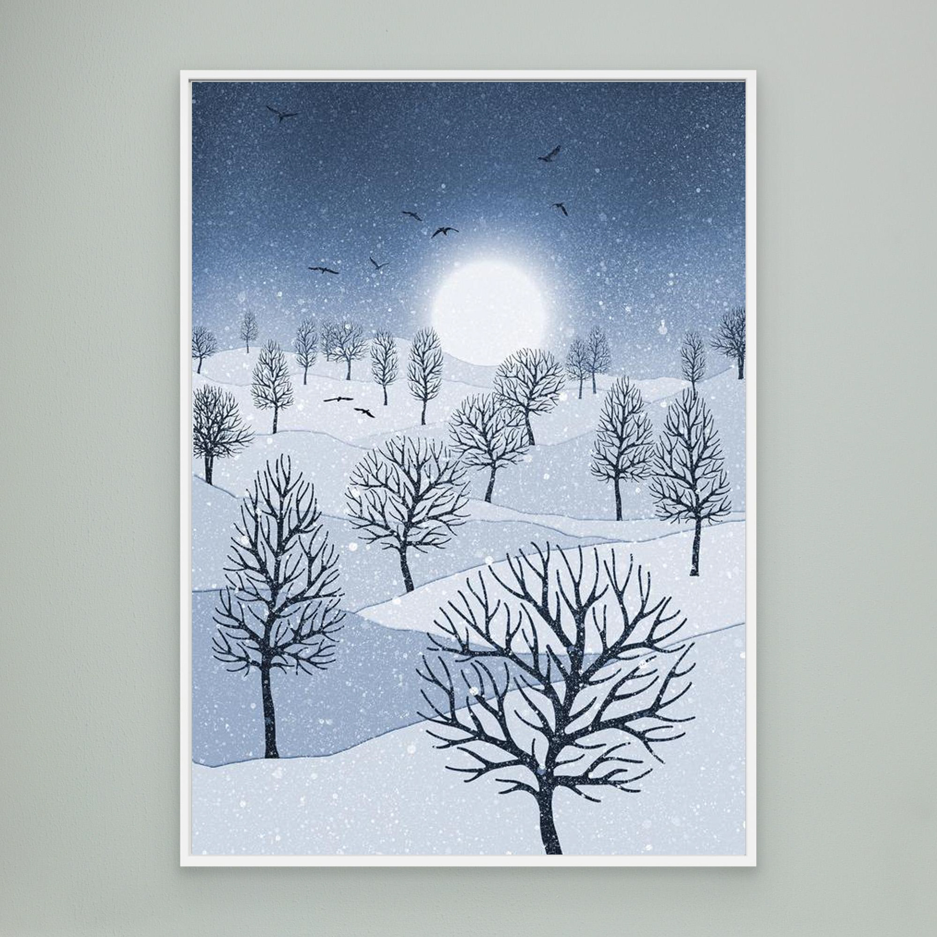 Winter Sun, artwork created by Robbie William for WalkinHISlight, depicting snow falling on a landscape dotted with various trees with the sun shining in the background and birds flying. Reductive in nature. Shades of white, blue through to black.. Available as a canvas print and paper print framed or unframed in various sizes. Contemporary/modern in style. 