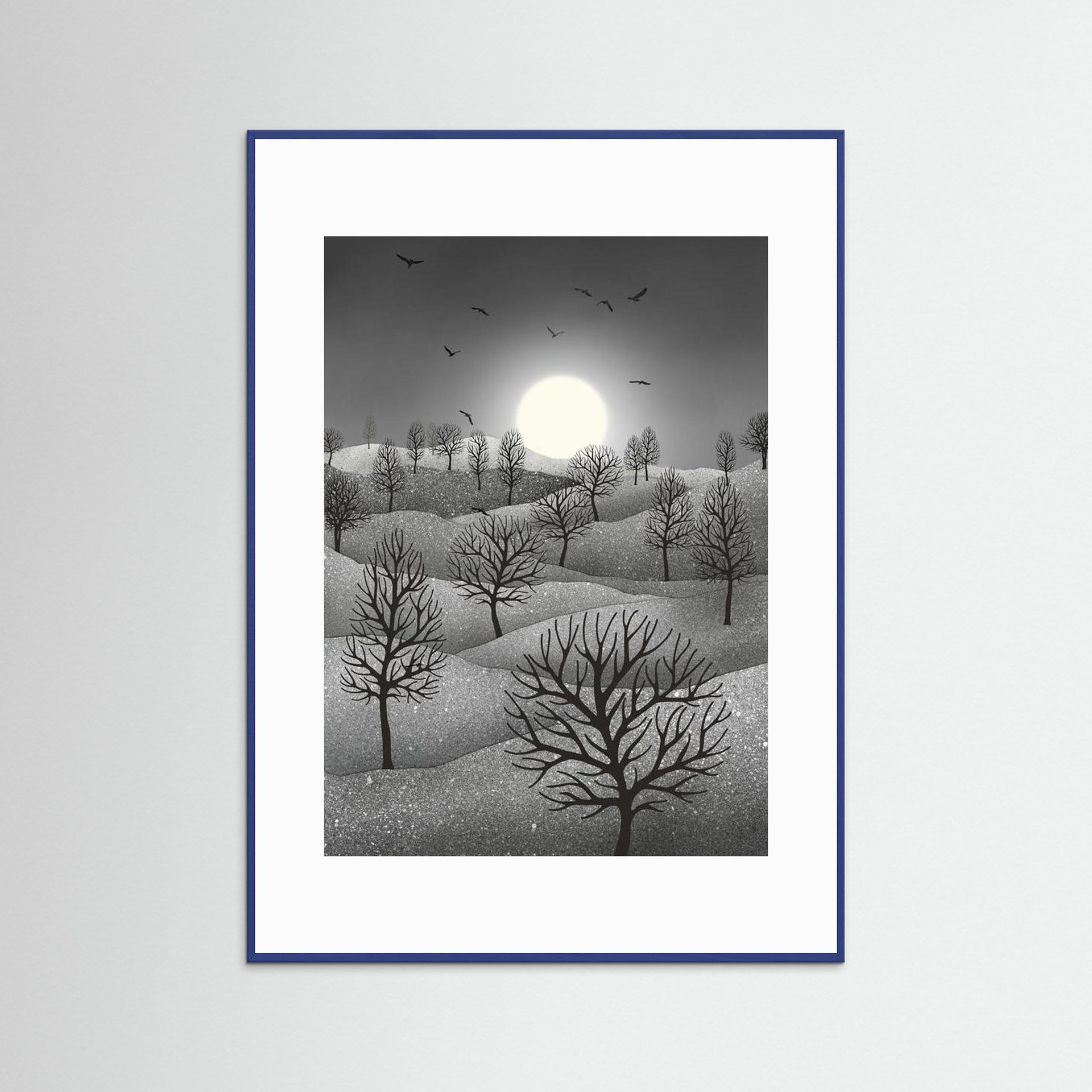 Winter Sparkles, artwork created by Robbie William for WalkinHISlight, depicting a landscape dotted with various trees with the sun shining in the background and birds flying. Reductive in nature. Shades of white, grey through to black.. Available as a canvas print and paper print framed or unframed in various sizes. Contemporary/modern in style..