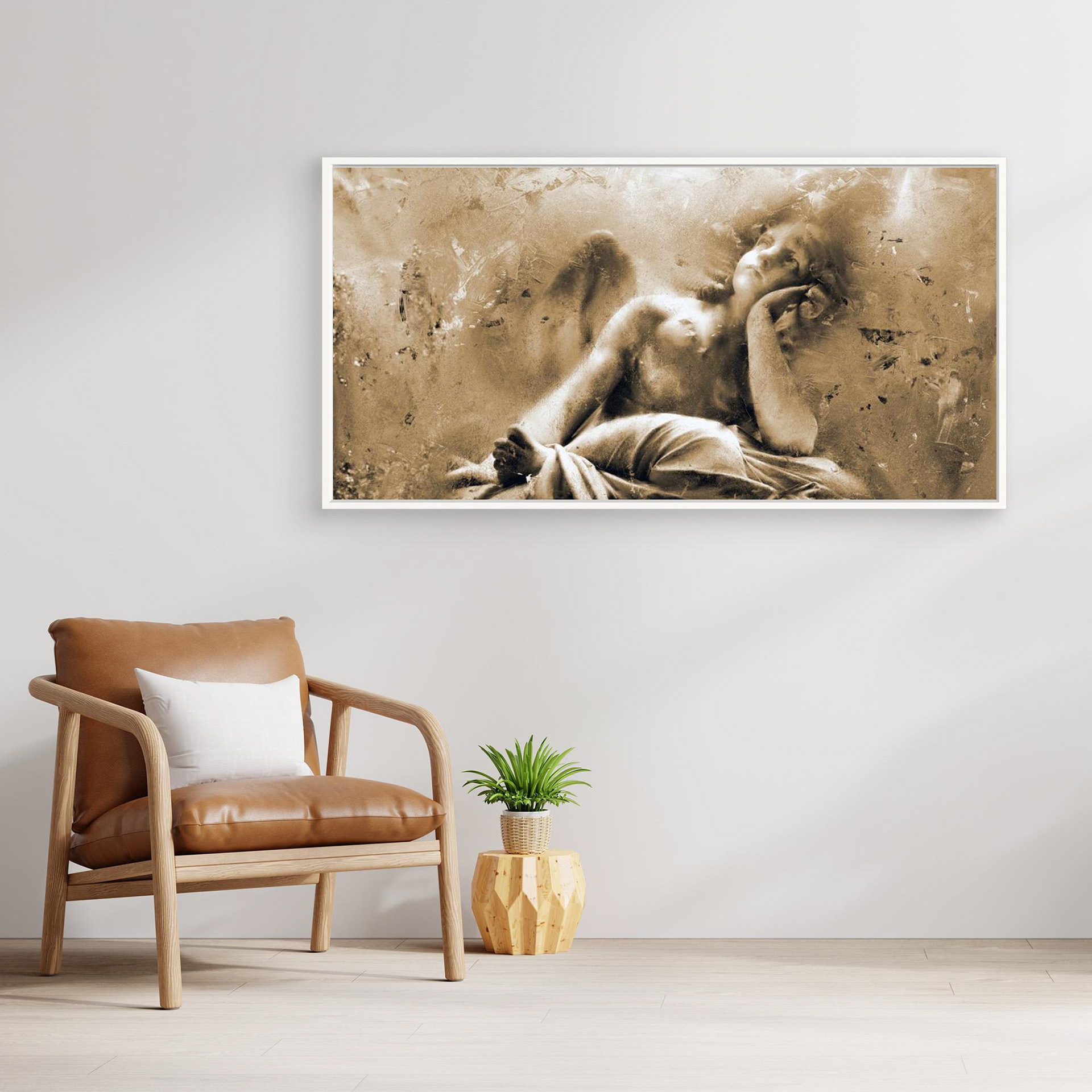 Waiting on the Divine, artwork created by Robbie William for WalkinHISlight depicting an angelic figure sitting looking up. Historical in nature. Shades of white, ivory and beige to black. Available as a canvas print and paper print framed or unframed in various sizes. Contemporary/modern in style.