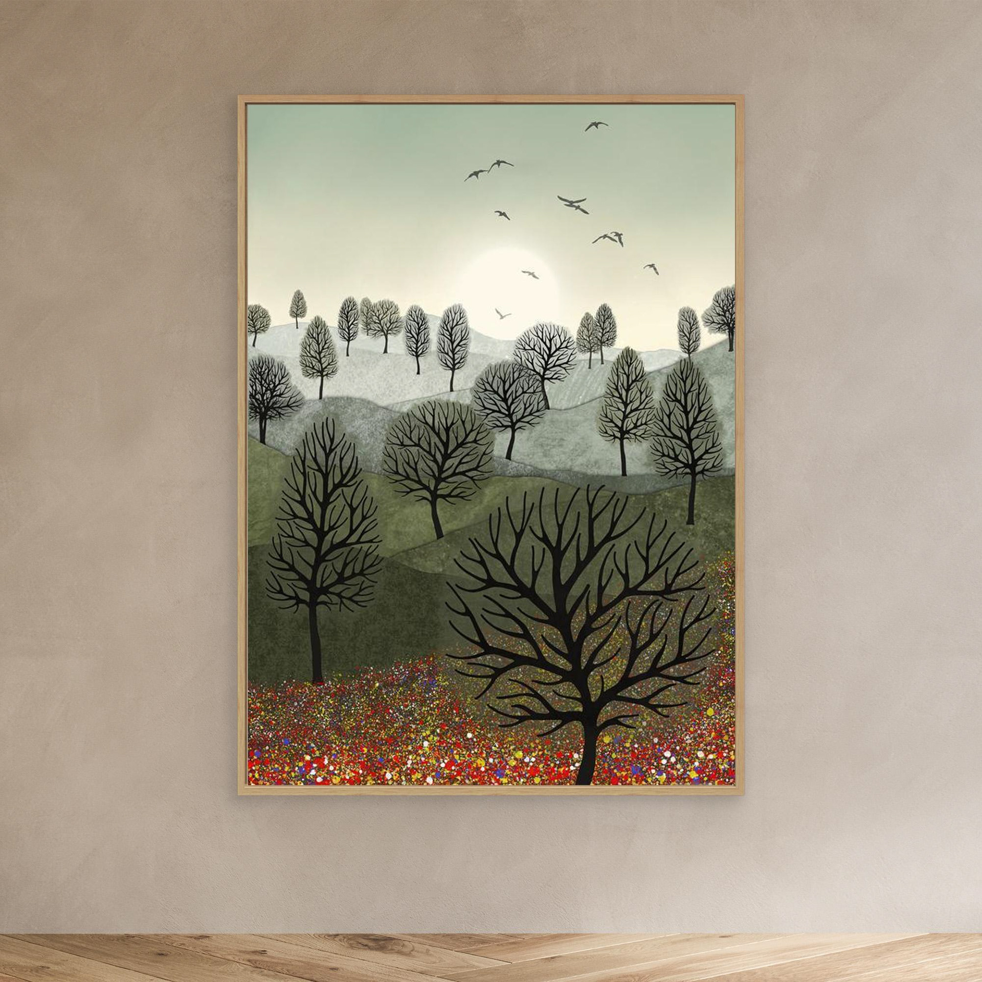 A Splash of Colour created by Robbie William for WalkinHISlight,, artwork depicting a landscape dotted with various trees with the sun shining in the background, with a field of flowers in the forground and birds flying. Reductive in nature. Shades of white, grey's, greens through to black.. Available as a canvas print and paper print framed or unframed in various sizes. Contemporary/modern in style..