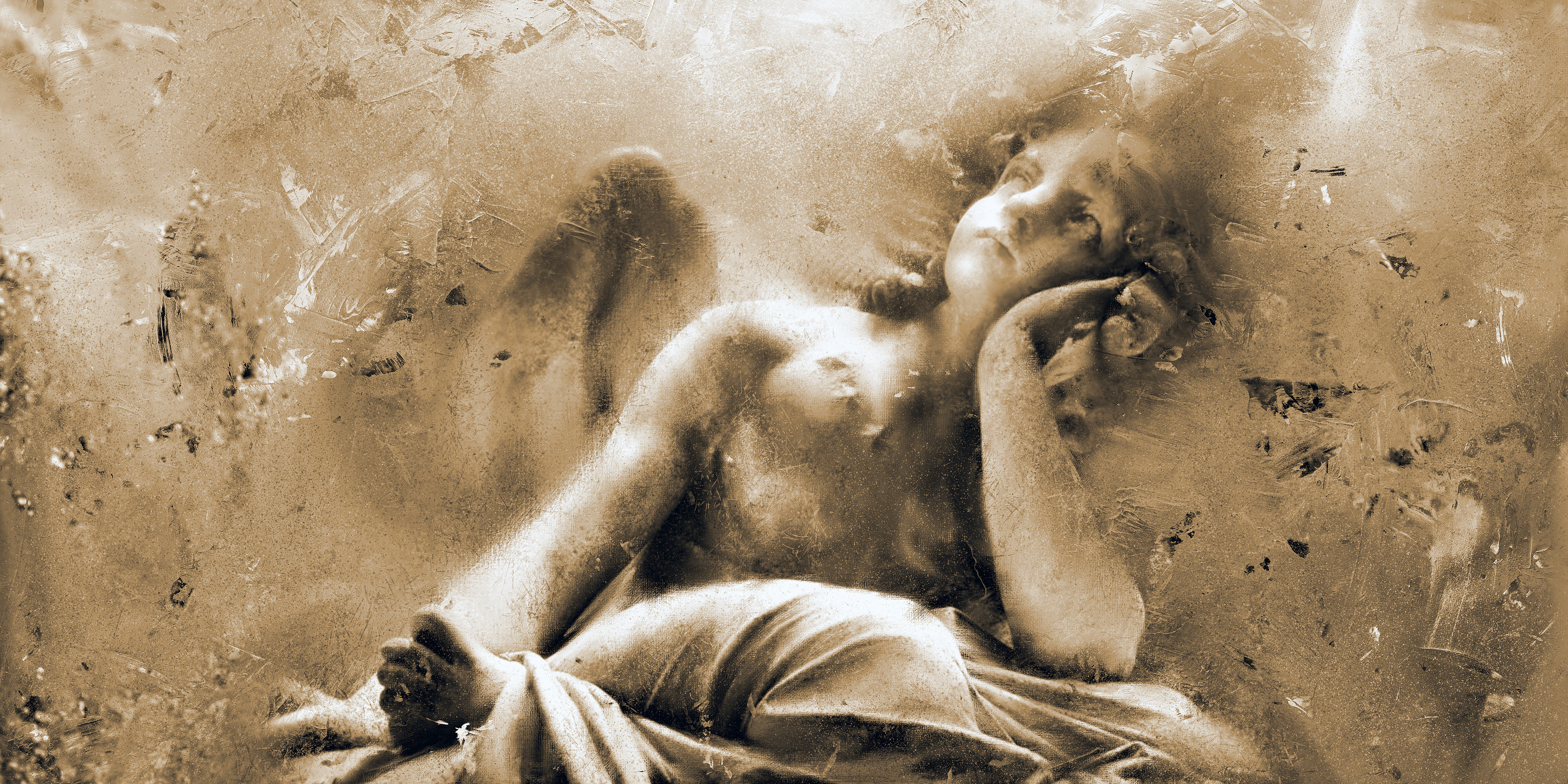 Waiting on the Divine, artwork created by Robbie William for WalkinHISlight depicting an angelic figure sitting looking up. Historical in nature. Shades of white, ivory and beige to black. Available as a canvas print and paper print framed or unframed in various sizes. Contemporary/modern in style.