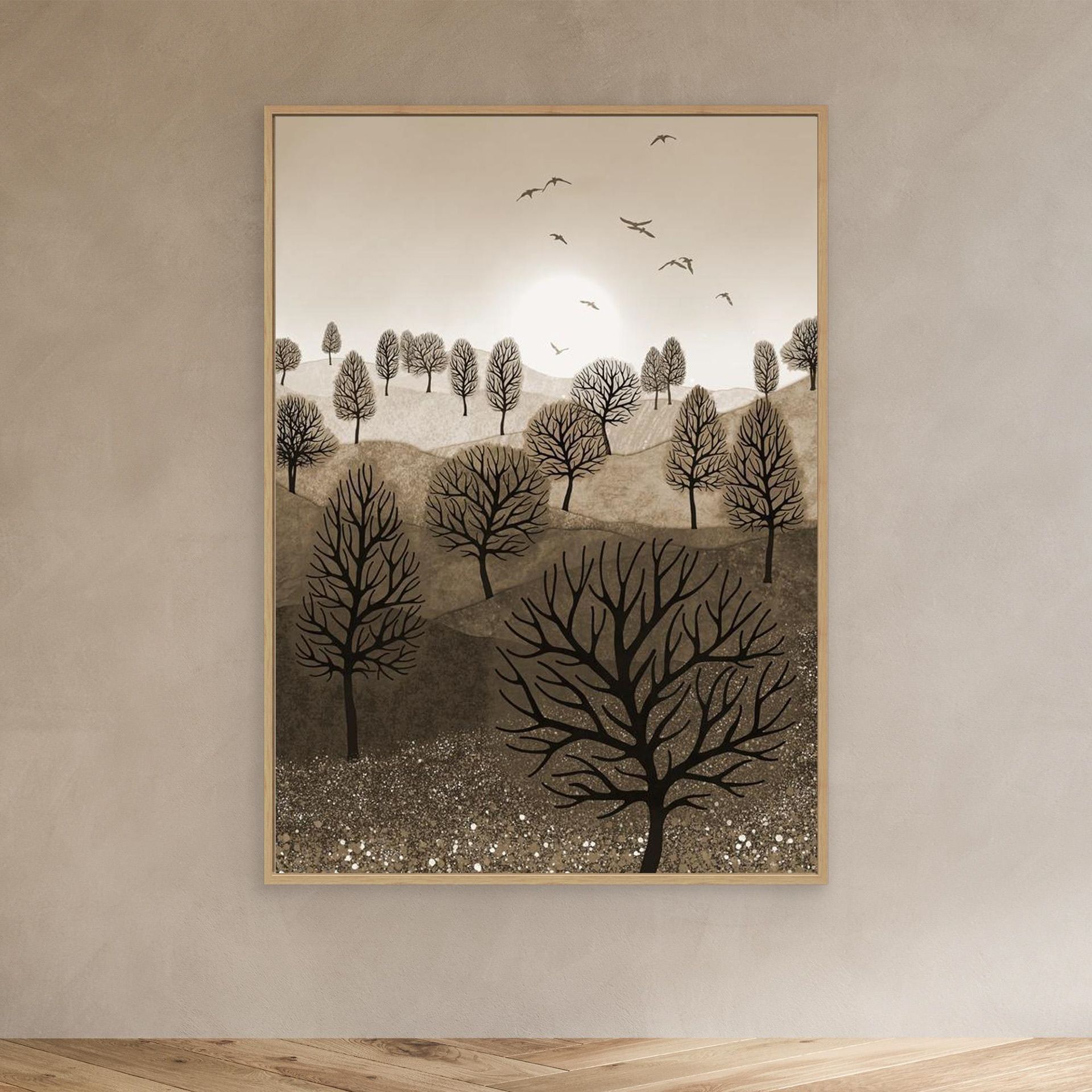 A Splash of Colour 'Sepia' created by Robbie William for WalkinHISlight,, artwork depicting a landscape dotted with various trees with the sun shining in the background, with a field of flowers in the forground and birds flying. Reductive in nature. Shades of white, beige, browns through to black.  Available as a canvas print and paper print framed or unframed in various sizes. Contemporary/modern in style..