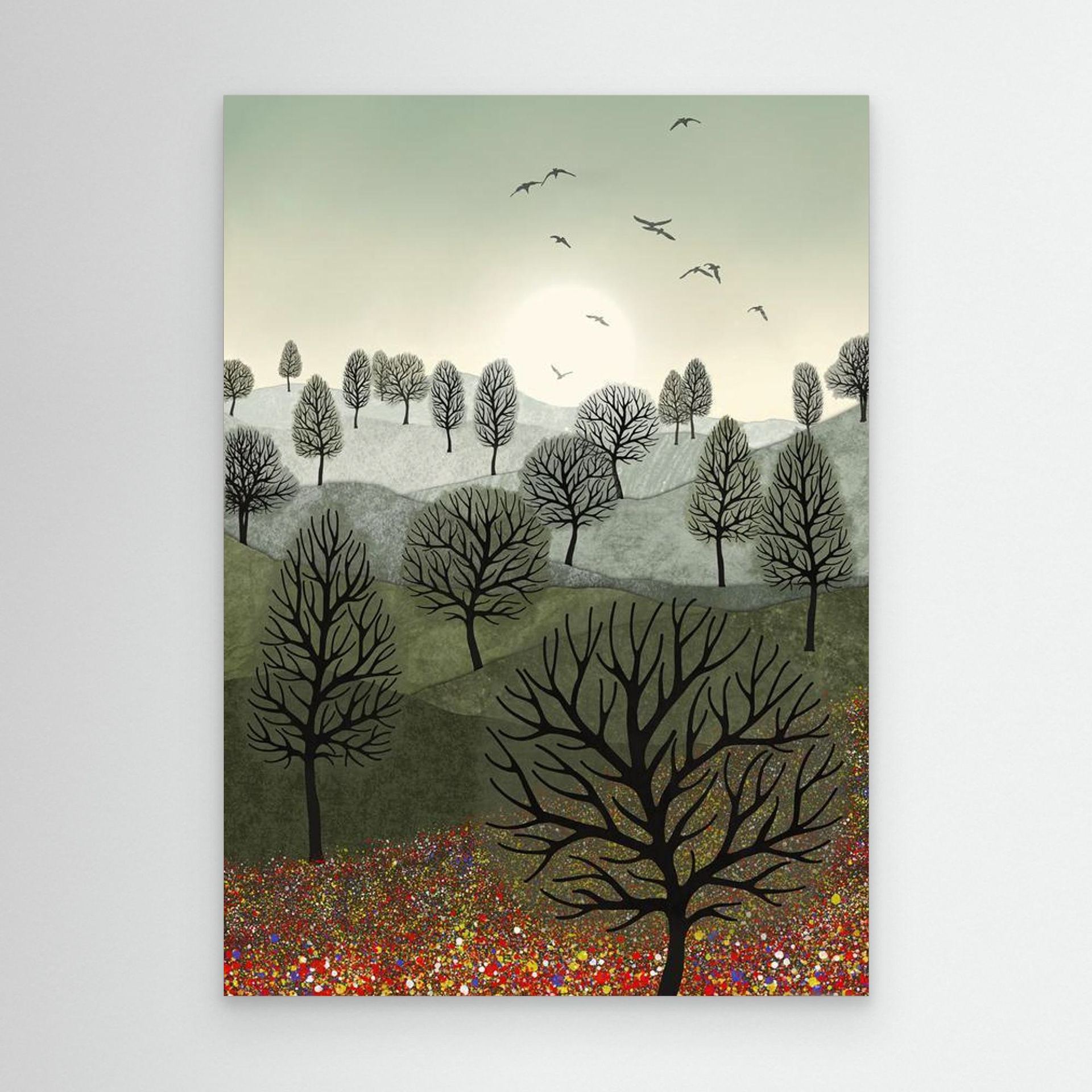 A Splash of Colour created by Robbie William for WalkinHISlight,, artwork depicting a landscape dotted with various trees with the sun shining in the background, with a field of flowers in the forground and birds flying. Reductive in nature. Shades of white, grey's, greens through to black.. Available as a canvas print and paper print framed or unframed in various sizes. Contemporary/modern in style..