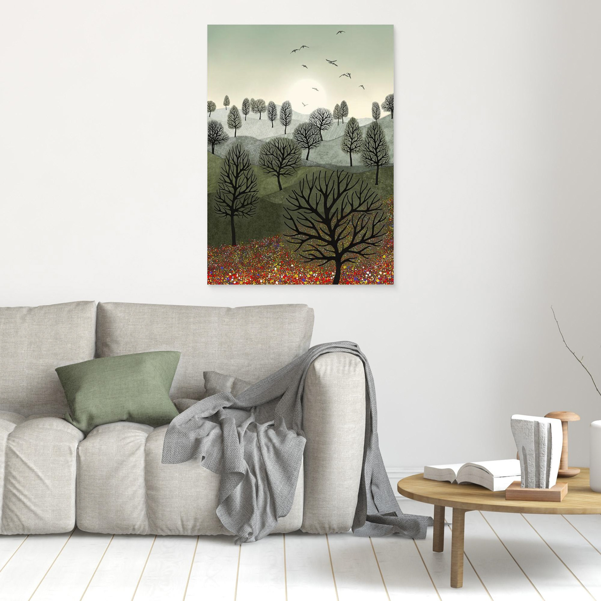 A Splash of Colour created by Robbie William for WalkinHISlight,, artwork depicting a landscape dotted with various trees with the sun shining in the background, with a field of flowers in the forground and birds flying. Reductive in nature. Shades of white, grey's, greens through to black.. Available as a canvas print and paper print framed or unframed in various sizes. Contemporary/modern in style..