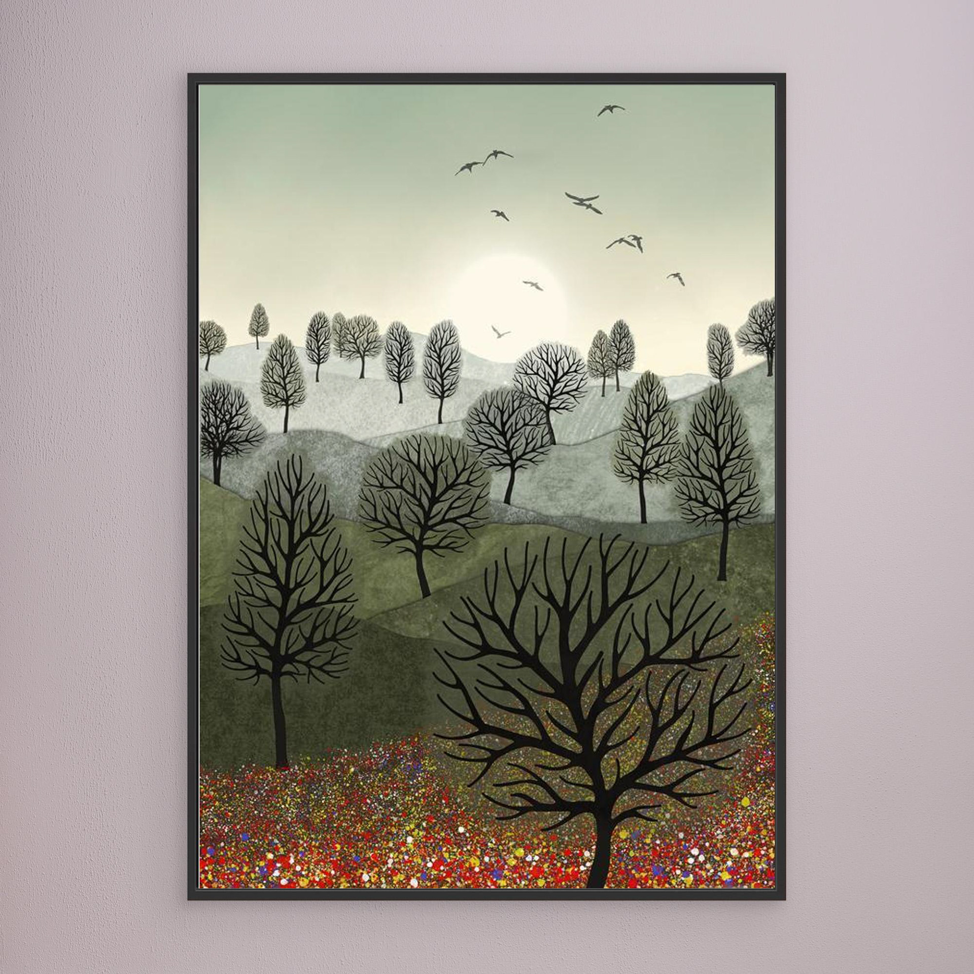 A Splash of Colour created by Robbie William for WalkinHISlight,, artwork depicting a landscape dotted with various trees with the sun shining in the background, with a field of flowers in the forground and birds flying. Reductive in nature. Shades of white, grey's, greens through to black.. Available as a canvas print and paper print framed or unframed in various sizes. Contemporary/modern in style..