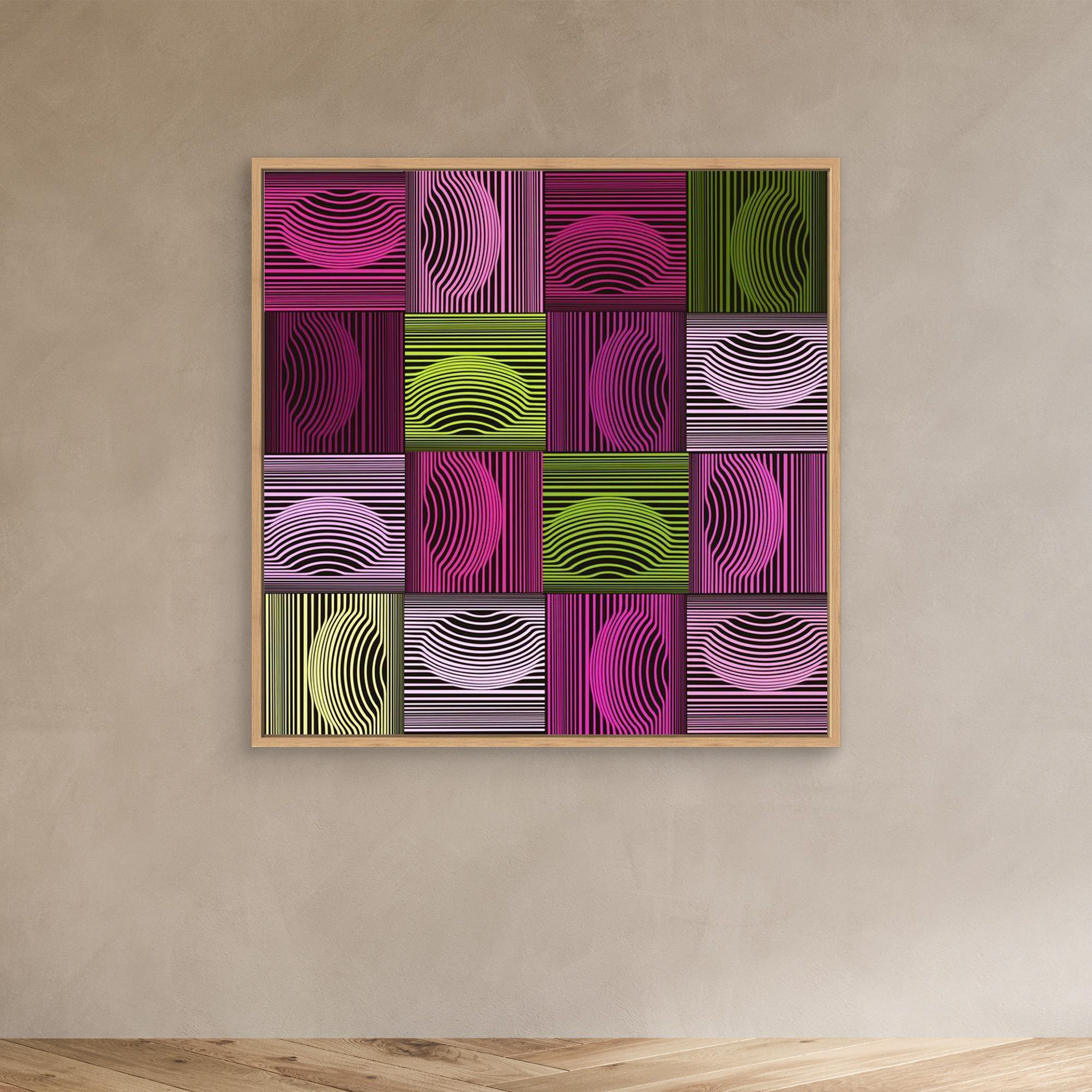 Dimple & Pimples -1 artwork created by Robbie William for WalkinHISlight depicting an abstract pattern. Shades of green and pink. Available as a canvas print and paper print framed or unframed in various sizes. Contemporary/modern in style.