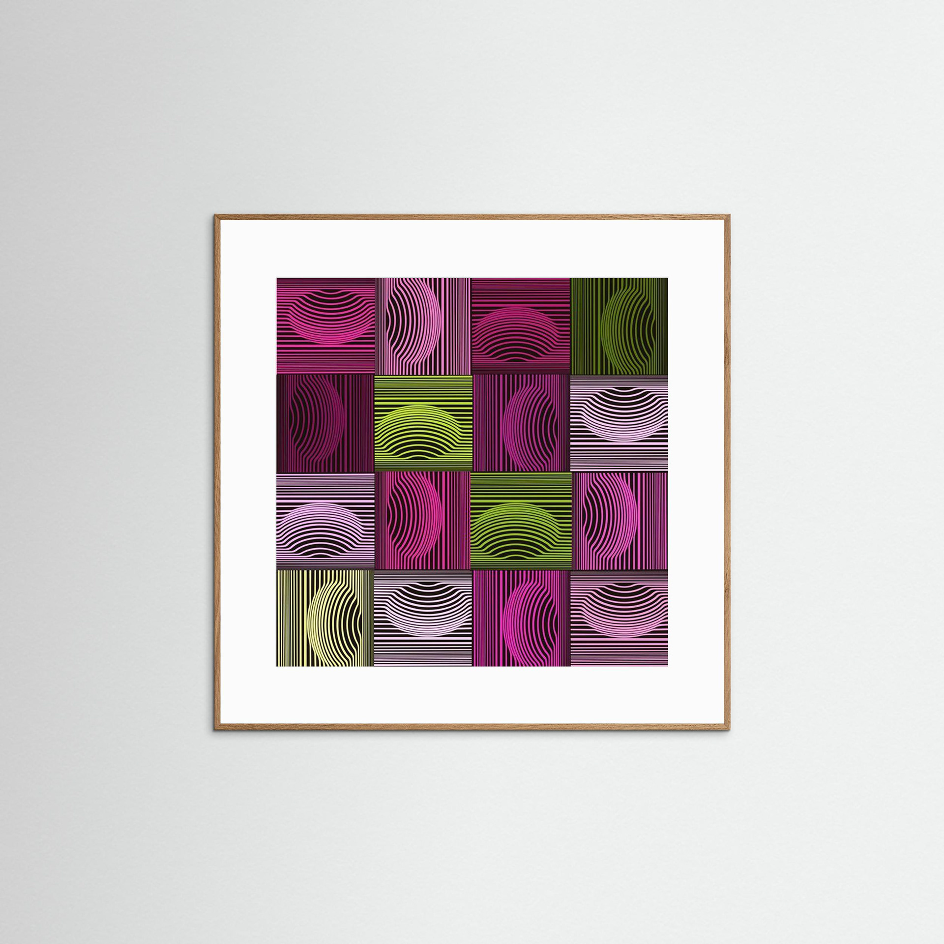 Dimple & Pimples -1 artwork created by Robbie William for WalkinHISlight depicting an abstract pattern. Shades of green and pink. Available as a canvas print and paper print framed or unframed in various sizes. Contemporary/modern in style.