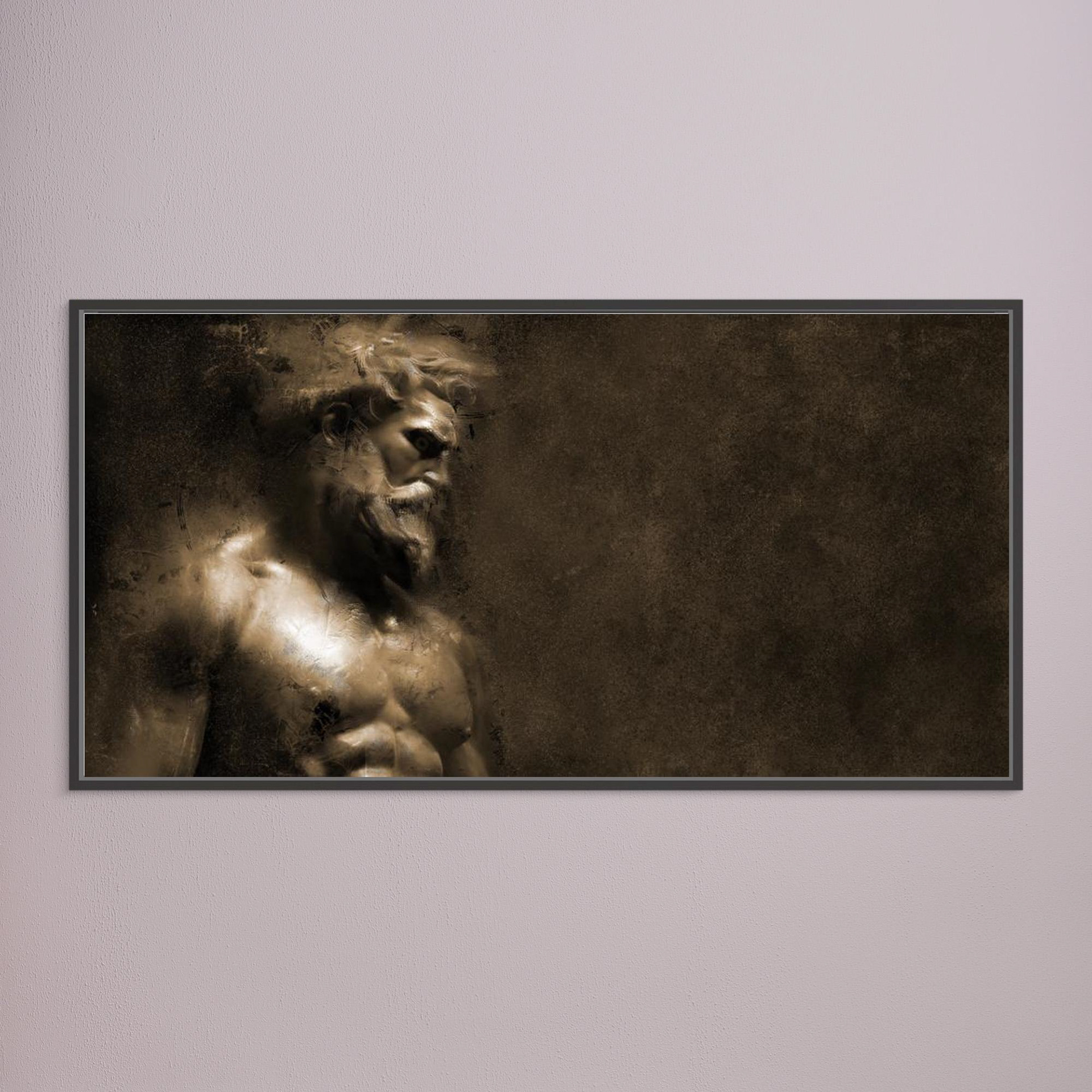Creation artwork created by Robbie William for WalkinHISlight depicting bearded mans head and torso looking down.. Historical in nature. Shades of white, bronze to black. Available as a canvas print and paper print framed or unframed in various sizes. Contemporary/modern in style.