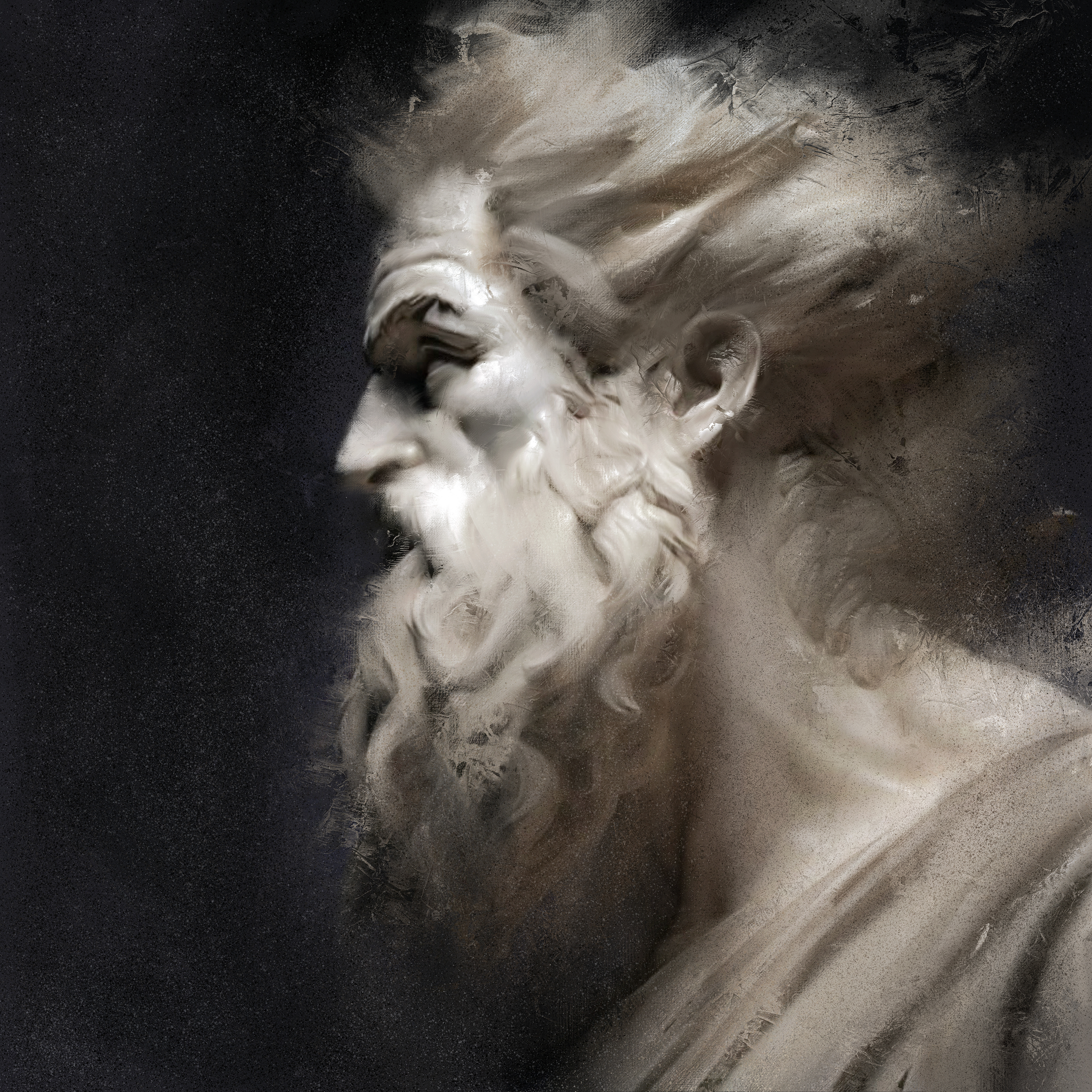 Fury artwork created by Robbie William for WalkinHISlight depicting the head and shoulders, side view, of a bearded man. Historical in nature. Shades of white, ivory to black. Available as a canvas print and paper print framed or unframed in various sizes. Contemporary/modern in style.