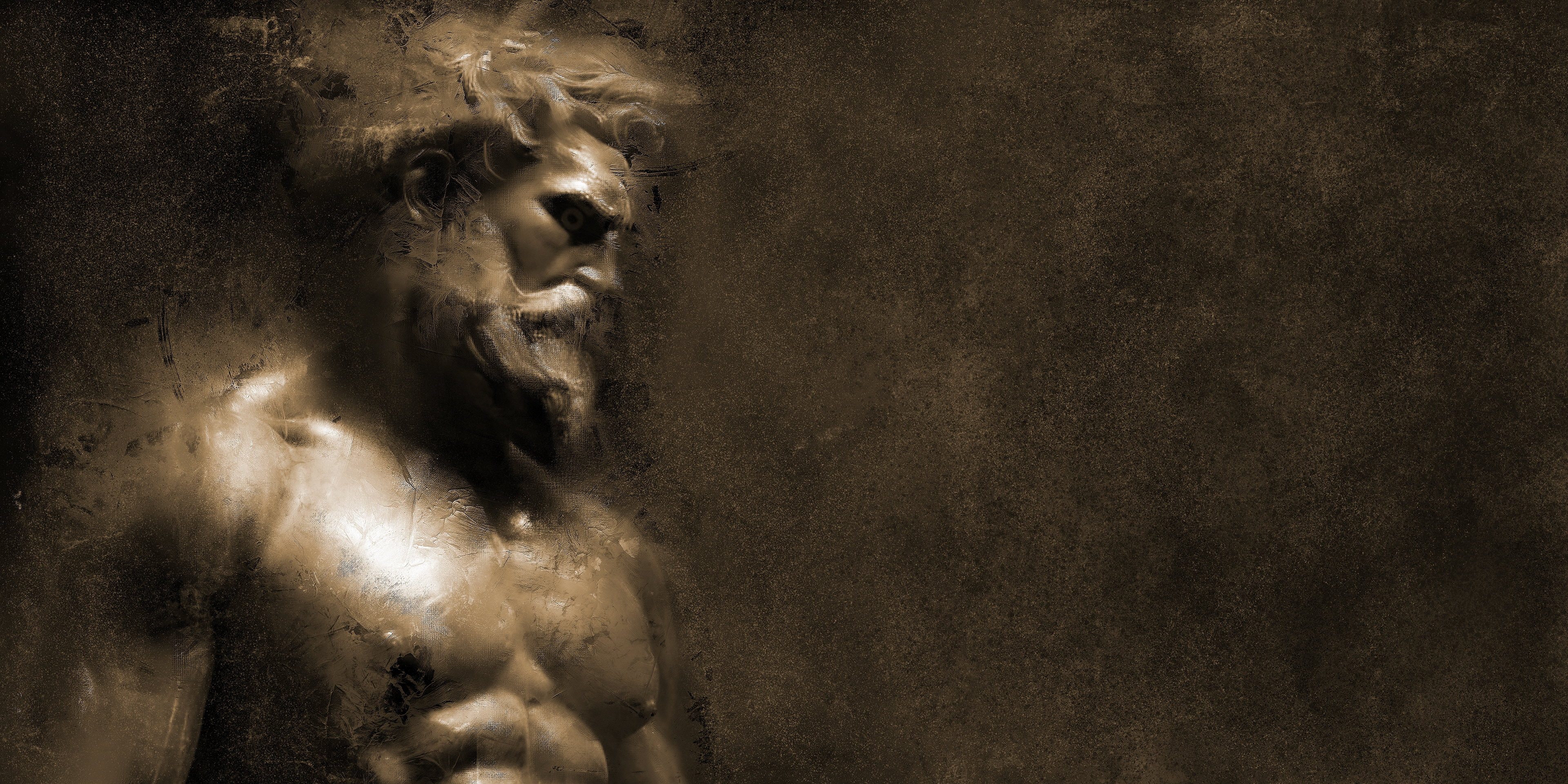 Creation artwork created by Robbie William for WalkinHISlight depicting bearded mans head and torso looking down.. Historical in nature. Shades of white, bronze to black. Available as a canvas print and paper print framed or unframed in various sizes. Contemporary/modern in style.